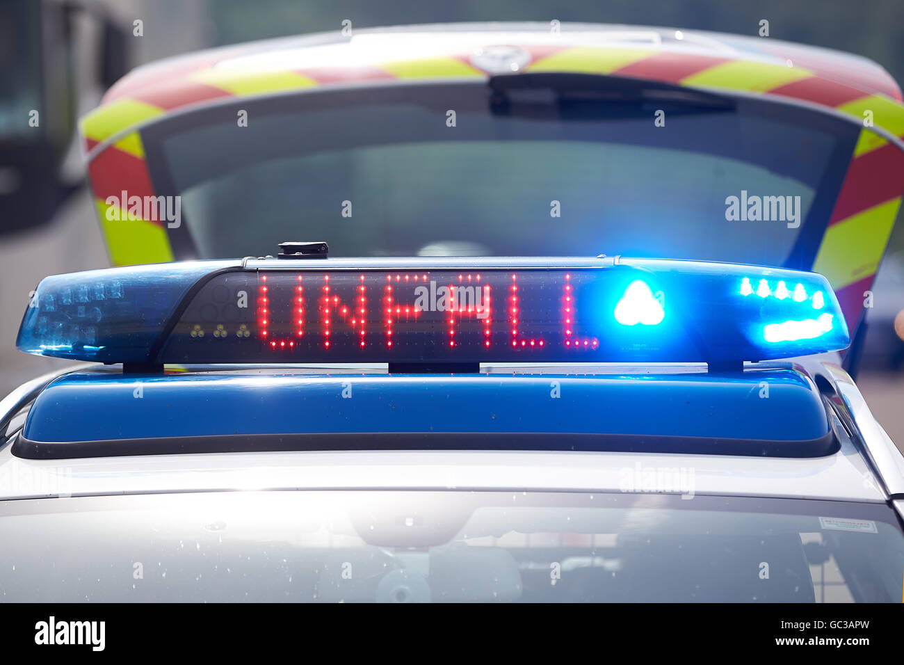 Illuminated sign Accident on a motorway police patrol car on the highway, Koblenz, Rhineland-Palatinate, Germany Stock Photo