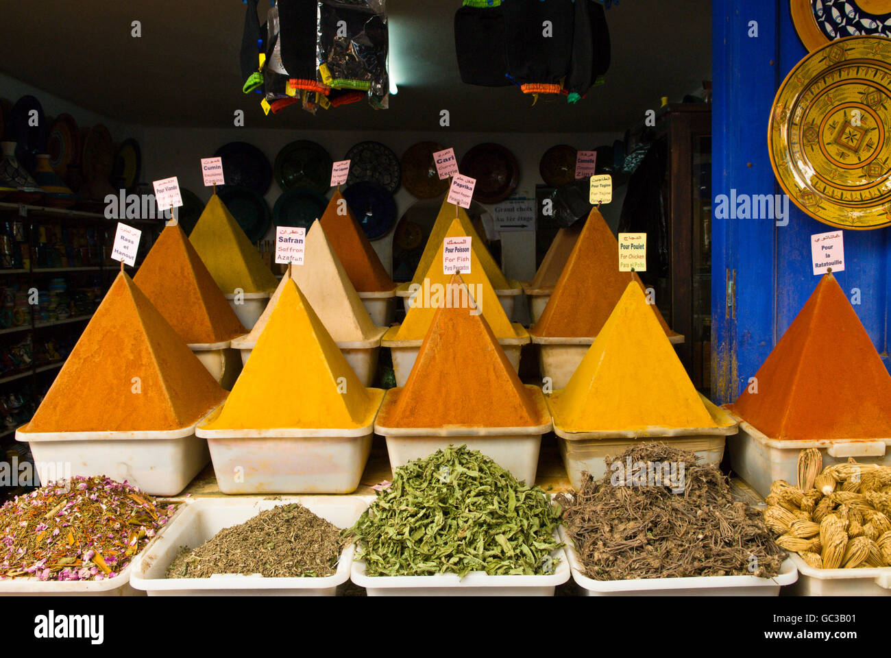 Spices for sale in shop, Marrakesh, Morocco, Africa Stock Photo