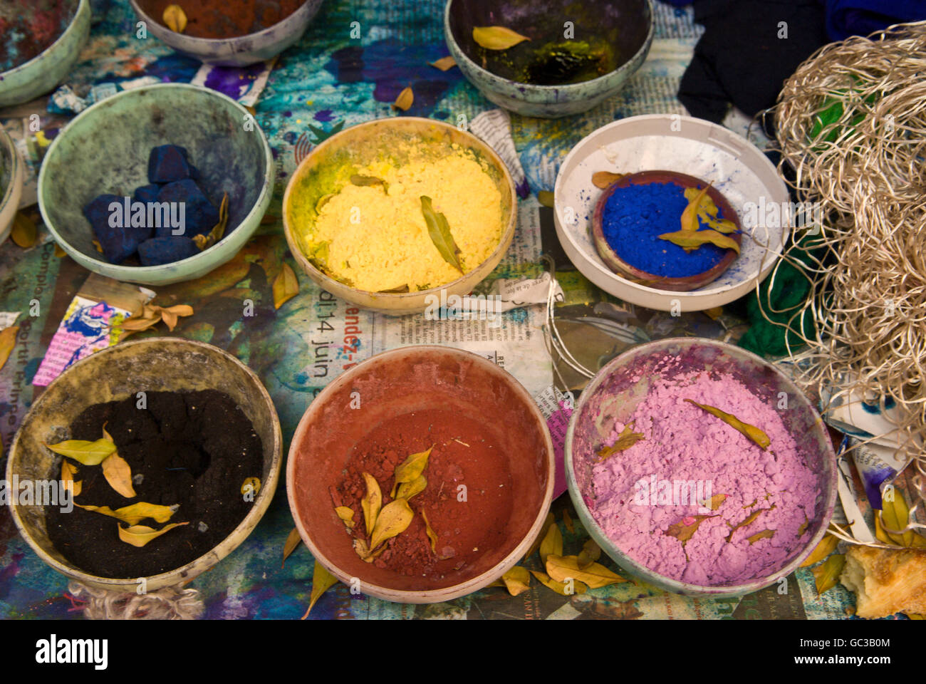 Brightly coloured natural dyes, Marrakesh, Morocco, Africa Stock Photo
