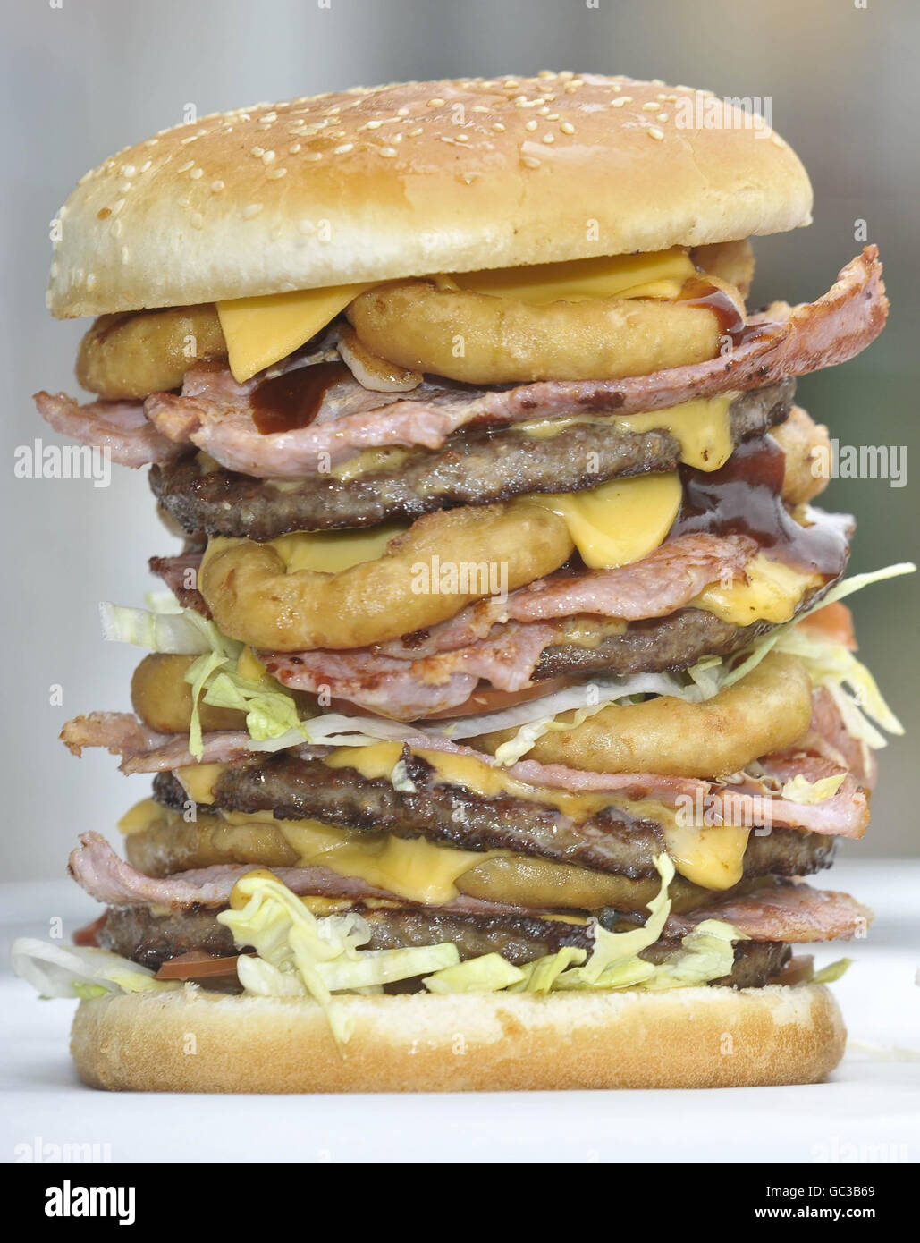 The 'Super Scooby' burger, Britain's largest and most fattening burger with an artery-busting 2,645 calories. Stock Photo
