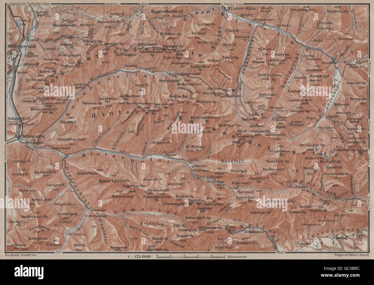 KARWENDEL MOUNTAINS. Mittenwald Scharnitz Birkkarspitze Tirol Tyrol, 1927 map Stock Photo