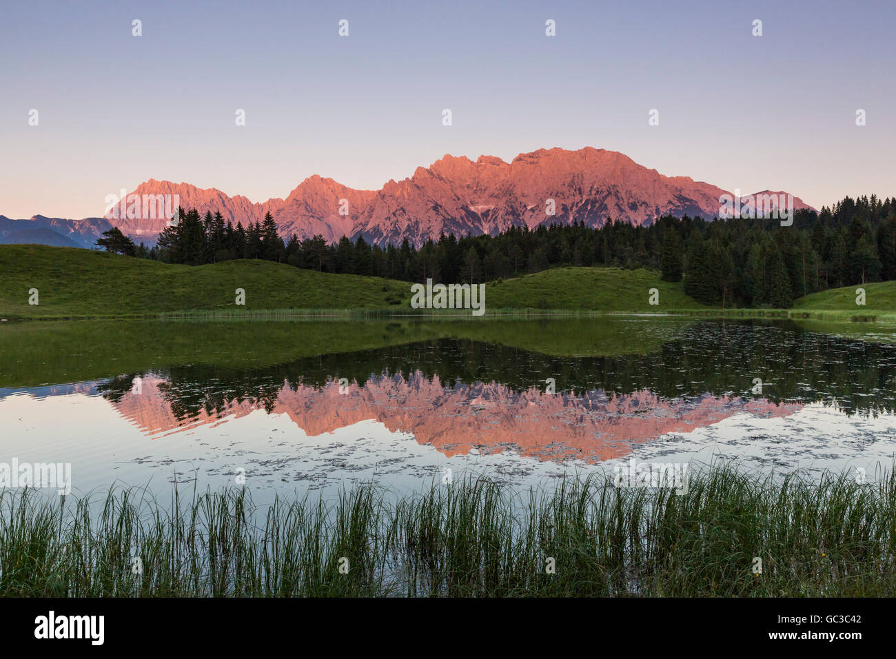 Alpenglow, evening atmosphere, Wildensee, Karwendel, Mittenwald, Bavaria, Upper Bavaria, Germany Stock Photo