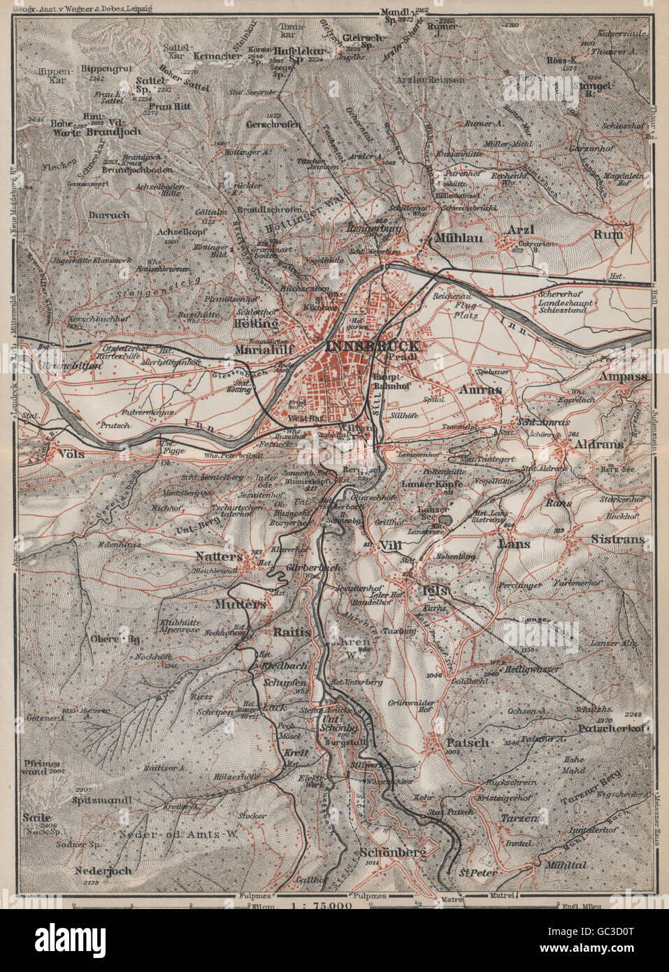 INNSBRUCK ENVIRONS Umgebung. Thaur Gotzens Igls. Austria Österreich, 1927 map Stock Photo