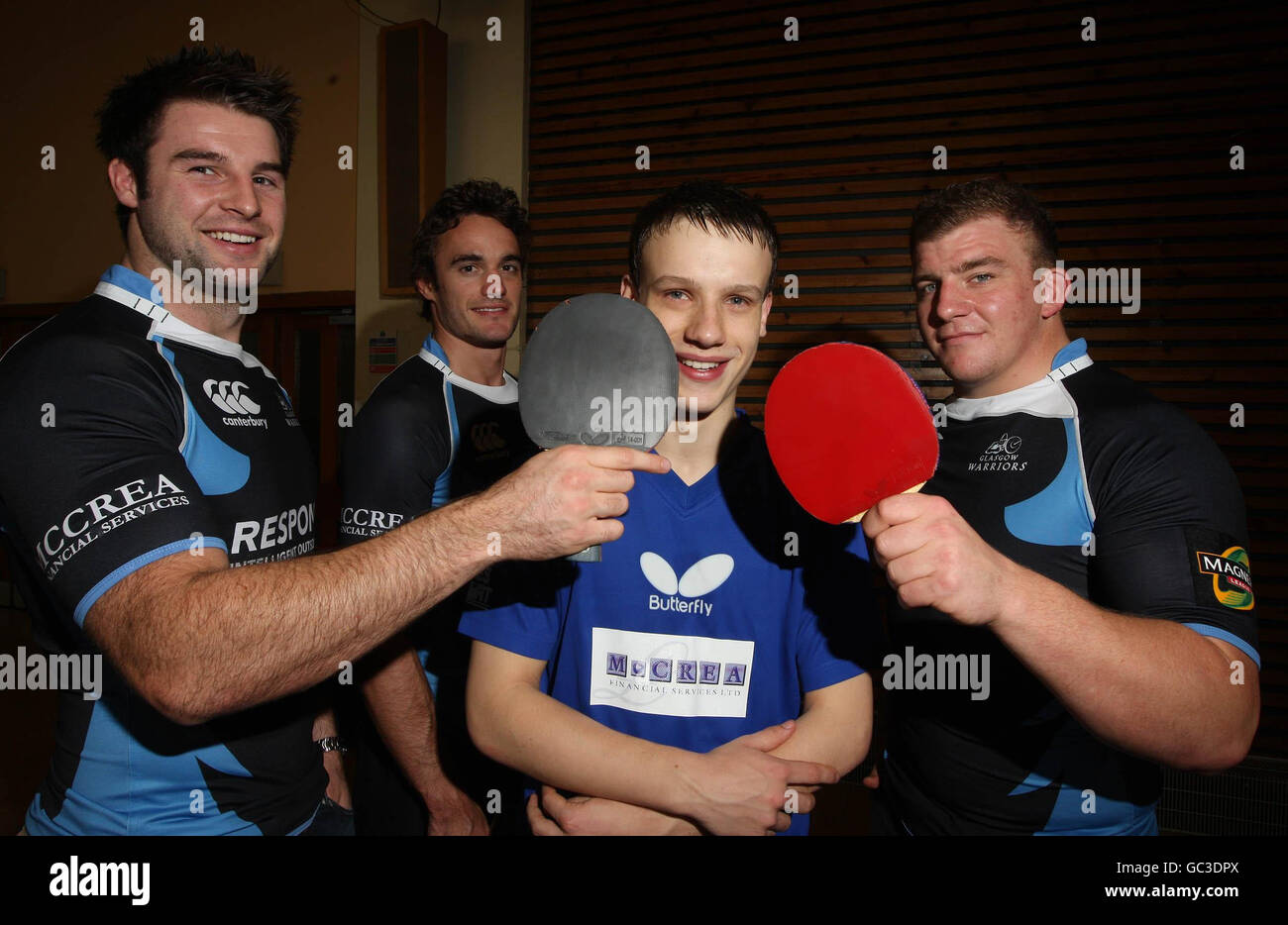 Glasgow Warriors' Johnnie Beattie, Thom Evans and Moray Low with Scotland's Under 18 table