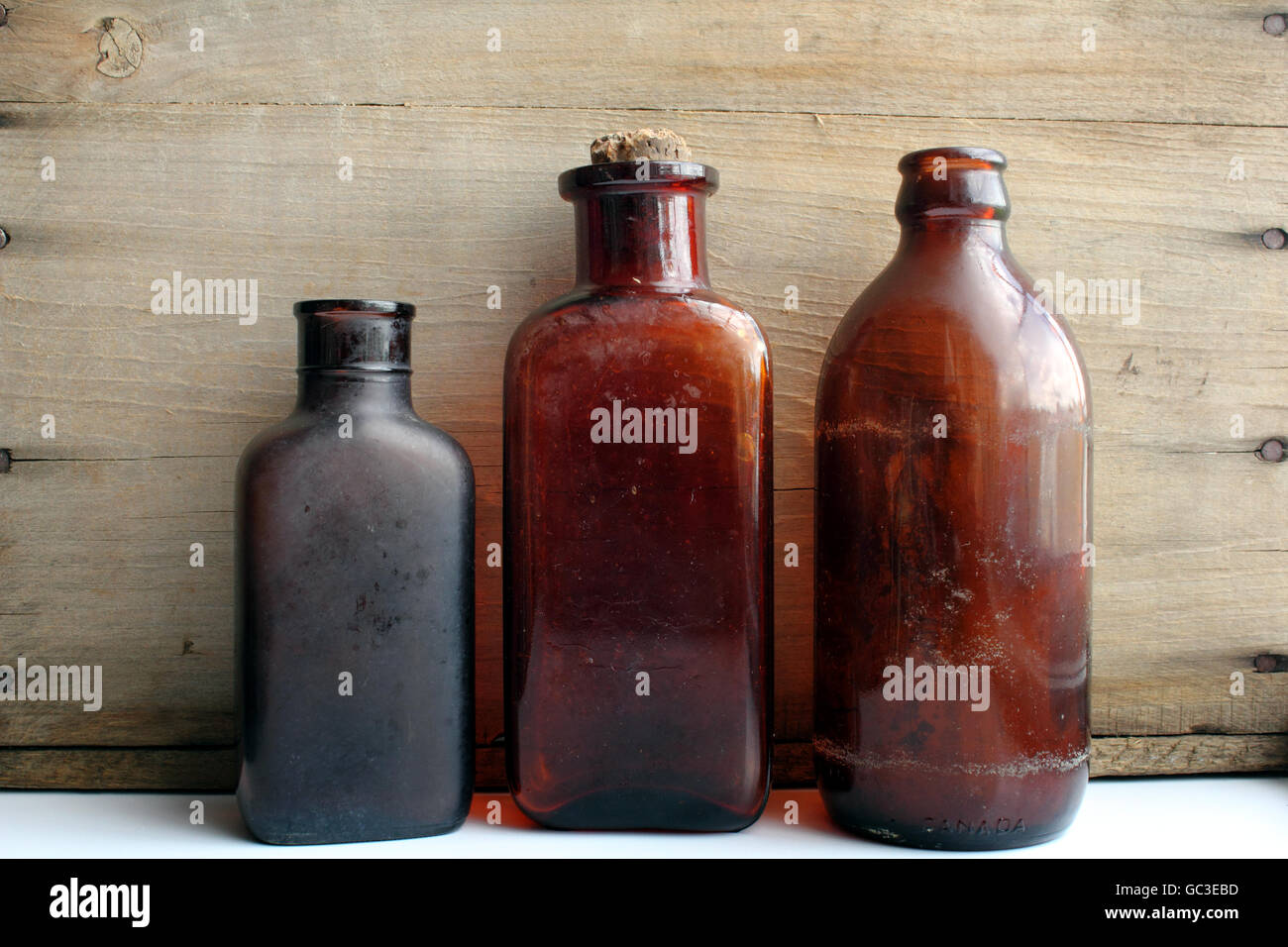 Antique brown bottles. Stock Photo
