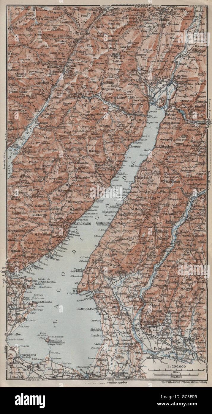 LAGO DI/LAKE GUARDA. Riva Salo Gargnano Bardolino. Topo-map. Italy, 1927 Stock Photo
