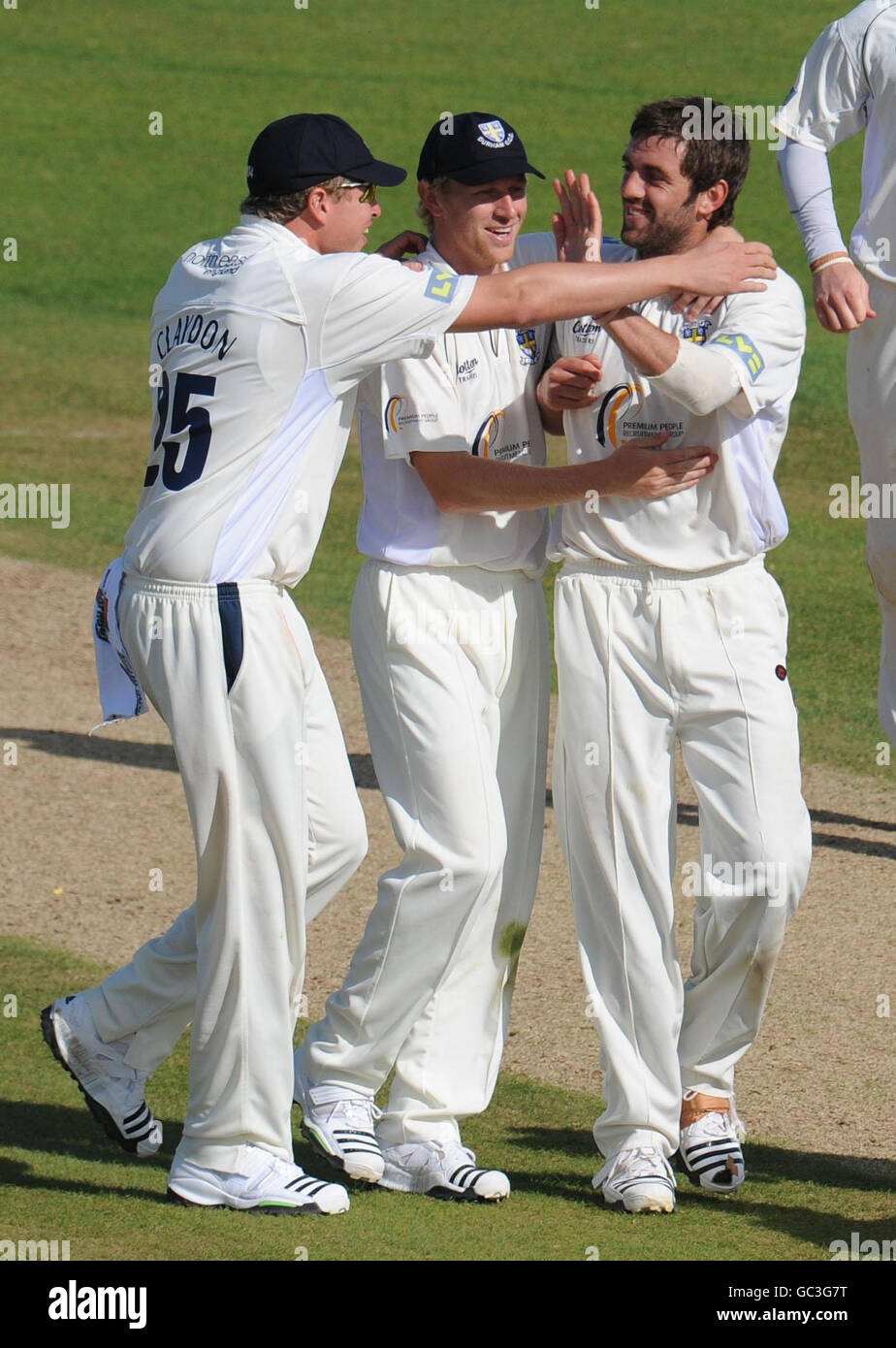 Durham's Liam Plunkett celebrates the wicket of Nottinghamshire's batsman Samit Patel during the LV County Championship at the County Ground, Chester-le-Street. Stock Photo