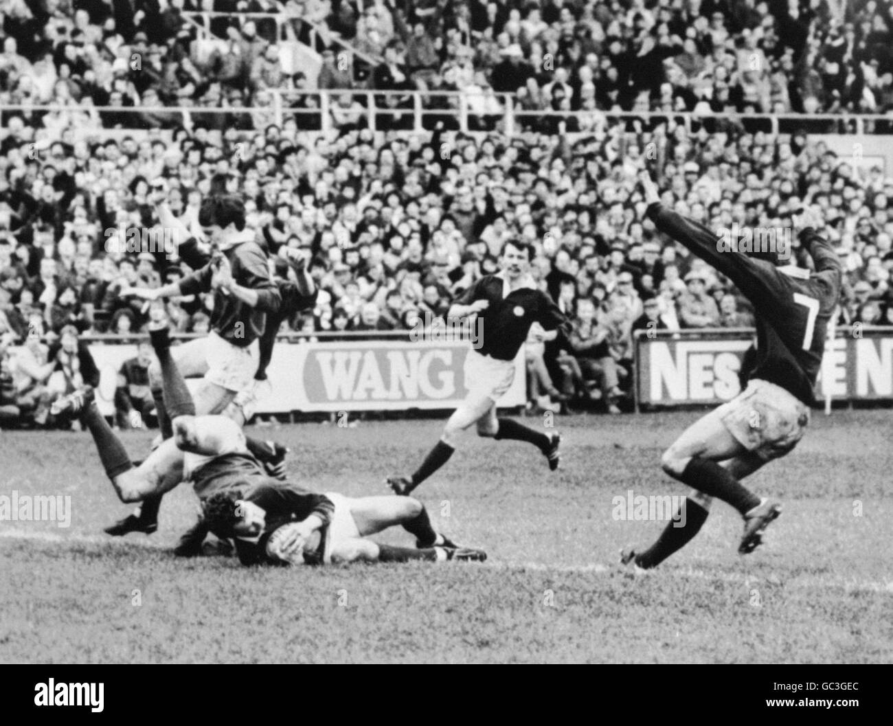 Scotland's Keith Robertson (on ground) scores his side's third try. Scotland won by 32 to 9 to win the Triple Crown for the first time in 46 years. Stock Photo