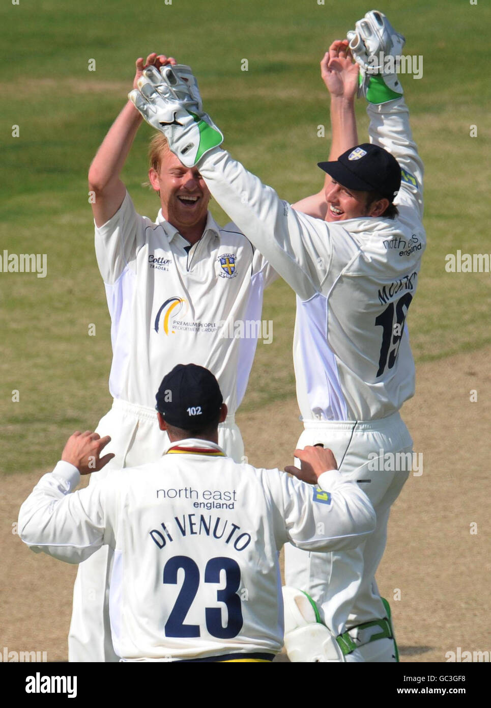 Durham's Mark Davies celebrates the wicket of Nottinghamshire's batsman Ali Brown during the LV County Championship match at the County Ground, Chester-le-Street. Stock Photo