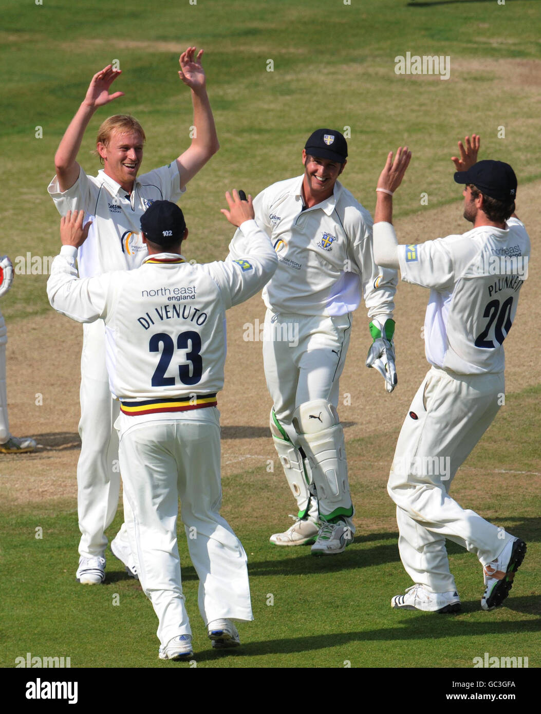 Durham's Mark Davies celebrates the wicket of Nottinghamshire's batsman Ali Brown during the LV County Championship match at the County Ground, Chester-le-Street. Stock Photo