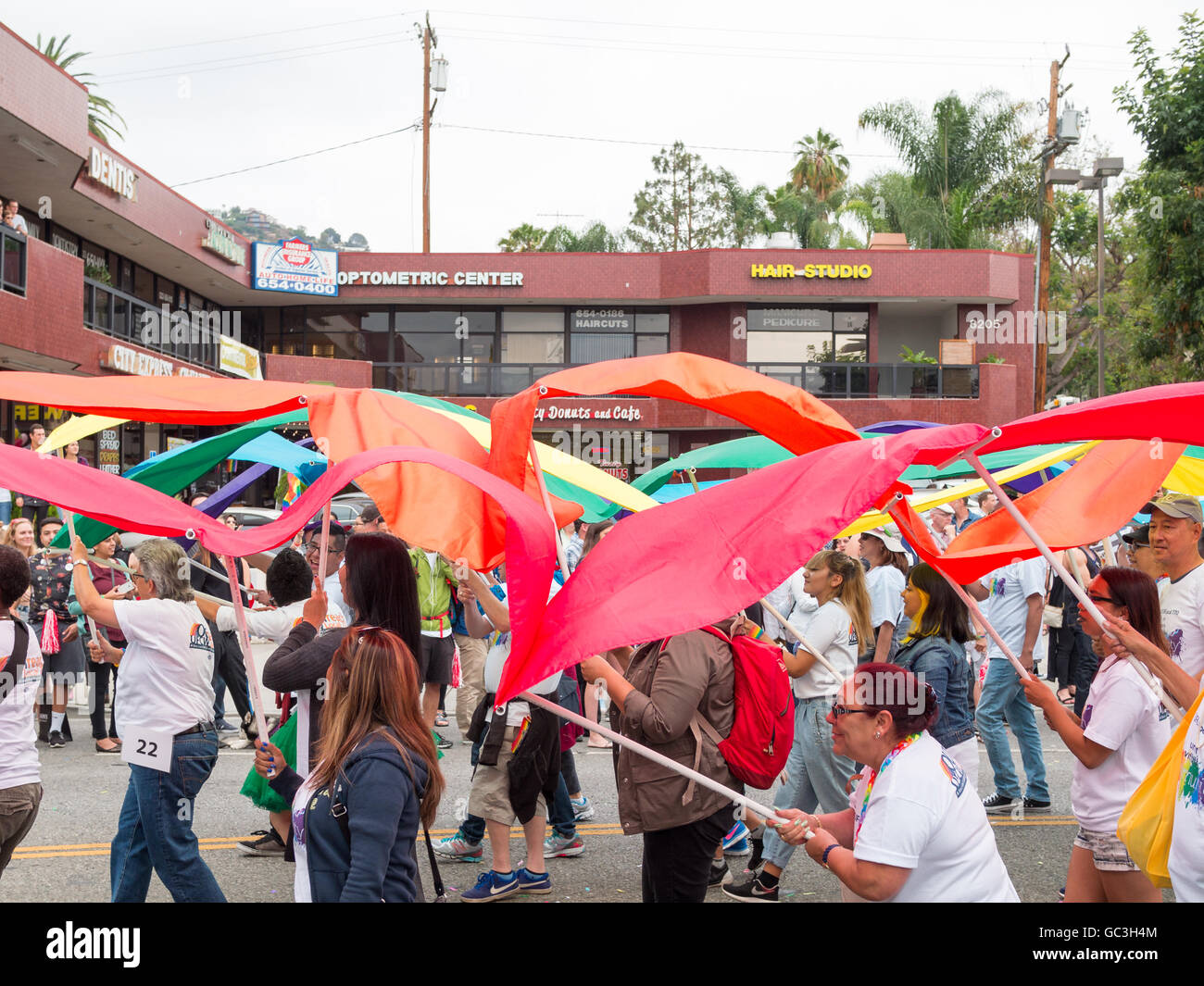 Moving gay flag colors in LA Pride Parade 2016 Stock Photo - Alamy