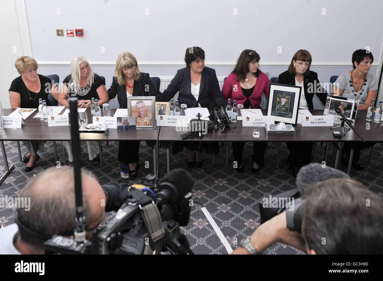 Seven mothers, whose fallen sons who were all killed in Afghanistan, hold a press conference in Redwood Lodge, Failand, Bristol, as they come together to form a charity called Afghan Heroes. Pictured left to right are Deborah Simpson, mother of Daniel Simpson from Croydon, Jane Whitehouse, mother of Corporal Jonathan Horne from Walsall, Jillian Murphy, mother of Rifleman Joseph Murphy from Birmingham, Denise Harris, mother of Cpl Lee Scott from Somerset, Lucy Aldridge, mother of Rifleman William Aldridge from Herefordshire, Carol Brackpool, mother of Private John Brackpool from West Sussex Stock Photo