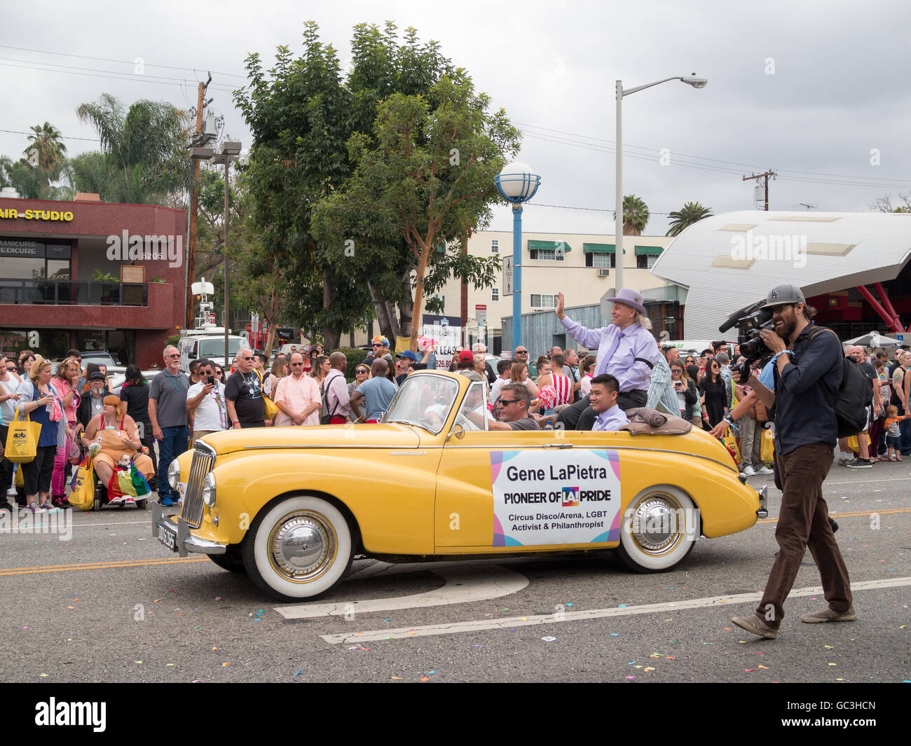 Gene LaPietra parading in a car during LA Pride Parade 2016 Stock Photo