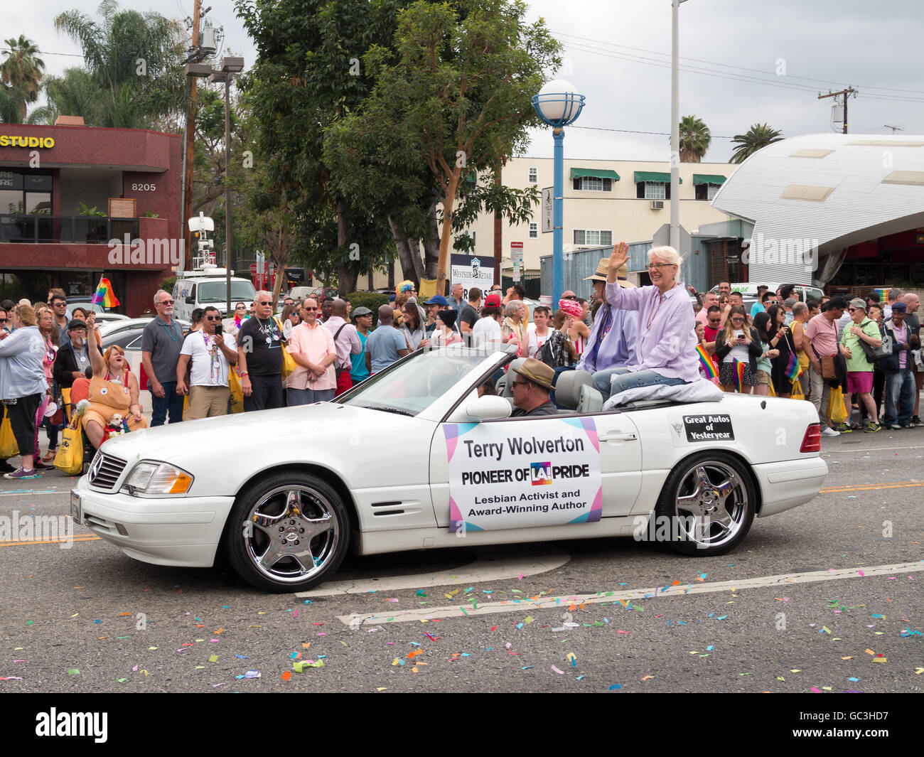 Terry Wolverton parading in a car during LA Pride Parade 2016 Stock Photo