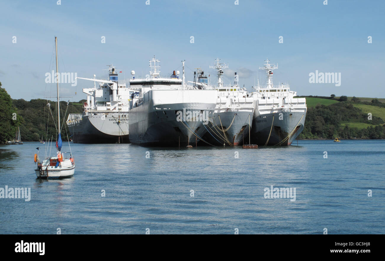 Ships laid-up as a result of the world trade recession in the River Fal near Truro in Cornwall. Stock Photo