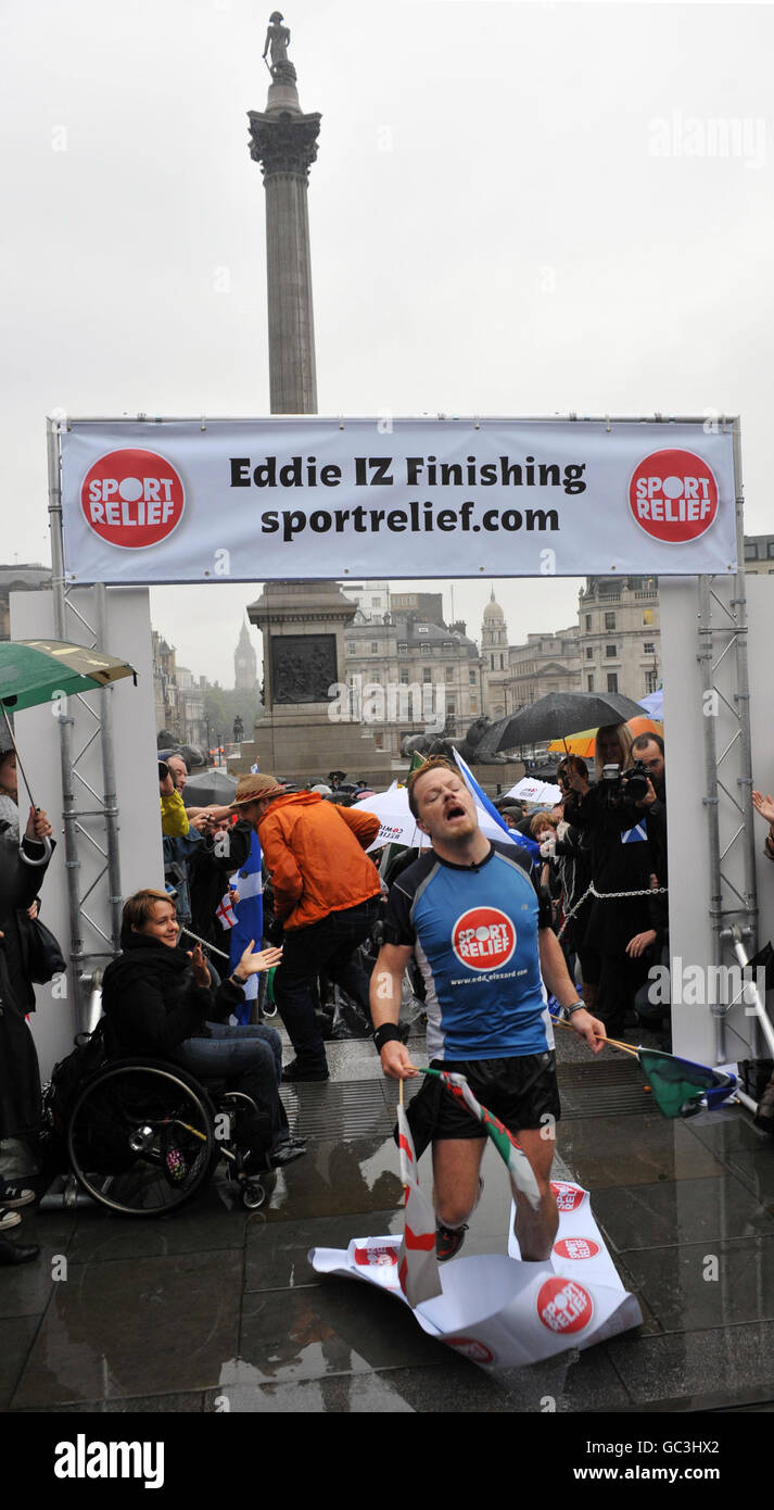 Comedian Eddie Izzard reaches the finish line after completing his 1,100mile run around the UK, in support of Sport Relief. Stock Photo