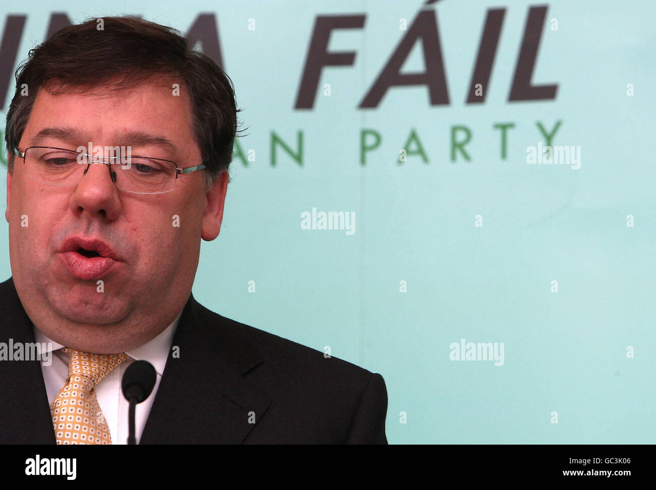 Taoiseach Brian Cowen pictured at a press briefing discussing the economic benefits of a yes vote in the Lisbon Treaty referendum at the Merrion Hotel, Dublin. Stock Photo