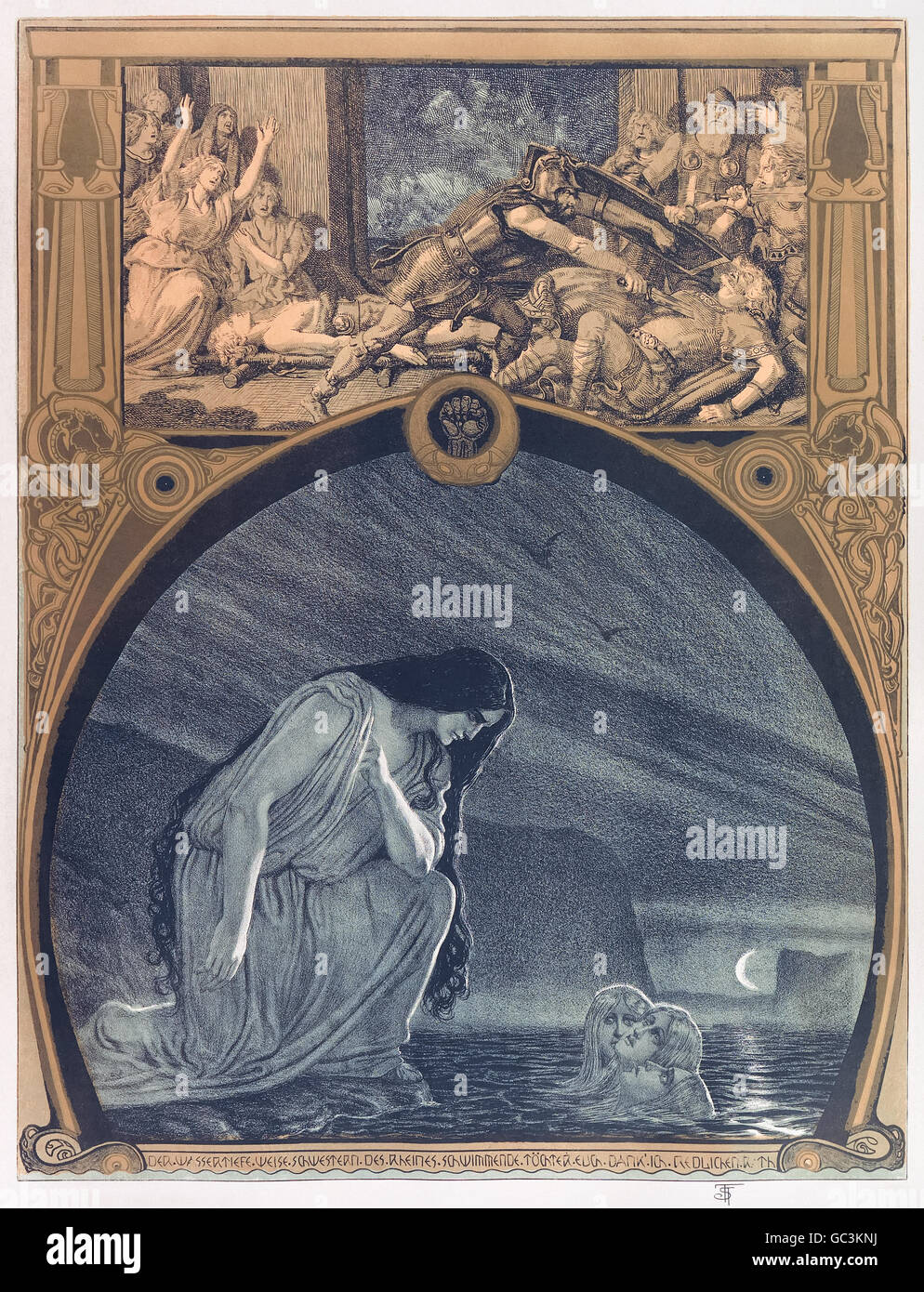Franz Stassen (1869-1949) illustration for “Der Ring des Nibelungen (Götterdämmerung)” (The Ring of the Nibelung: Part 4: Twilight of the Gods) by Richard Wagner (1813-1883). Brünnhilde tells the Rhinemaidens to take the ring from her ashes and sends Wotan's ravens home. See description for more information. Stock Photo
