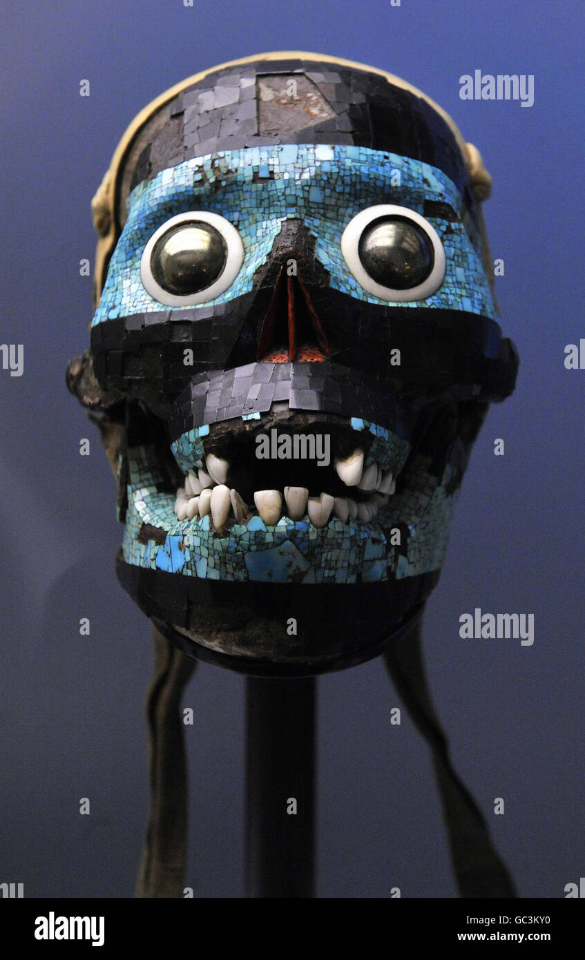 A Mosaic Skull of Tezcatlipoca, the god of war and sorcery, made with a real human skull at the press viewing of the British Museum's new exhibition Moctezuma: Aztec Ruler in London. Stock Photo
