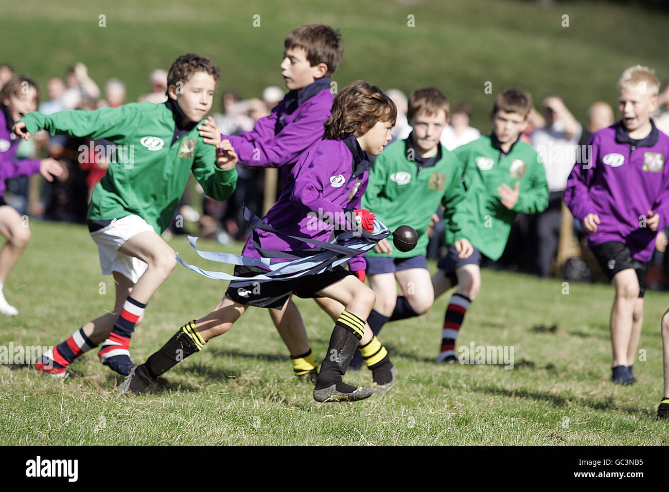 Local schoolchildren in teams of Selkirkshire (green) and Roxburghshire (purple) take part in a re-enactment of the 1815 Carterhaugh Ba' game, that some historians believe was a forerunner to the game of rugby, at Bowhill, Selkirkshire. Stock Photo