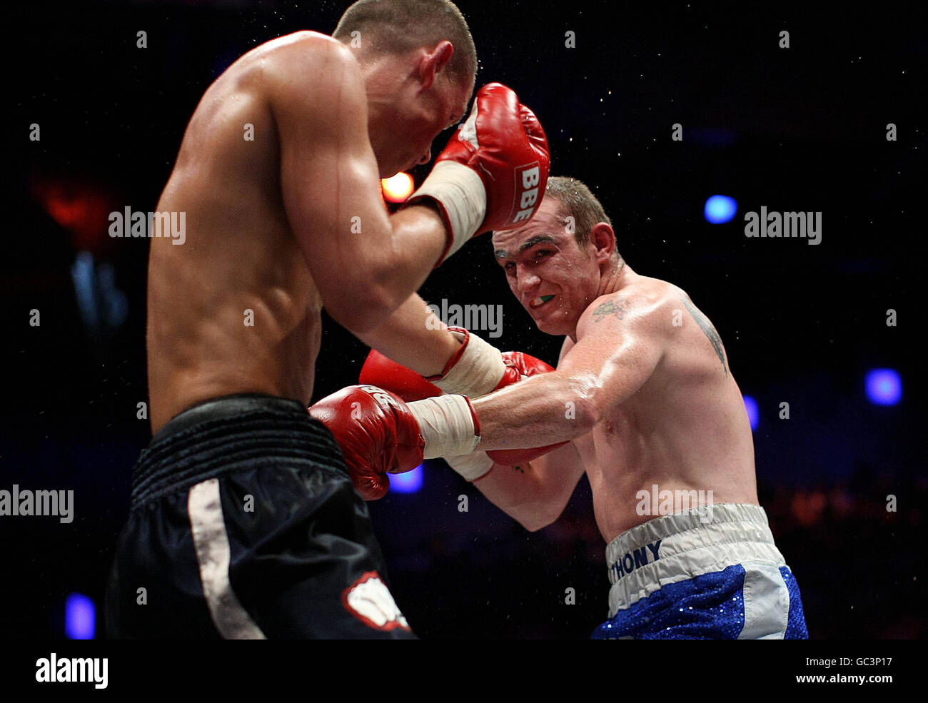 Anthony Fitzgerald on his way to victory over Tadus Jonkus in their Middleweight fight at the O2 Arena, Dublin. Stock Photo