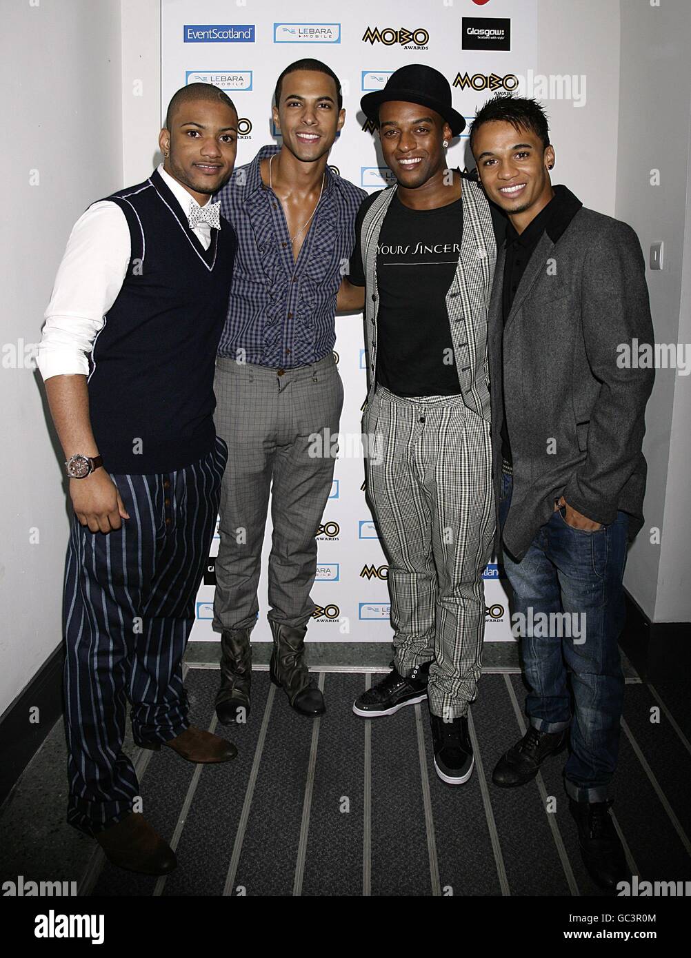 JLS (left to right), consisting of JB, Marvin Humes, Oritse Williams and Aston Merrygold arriving for the 2009 MOBO awards at the SECC in Glasgow Stock Photo