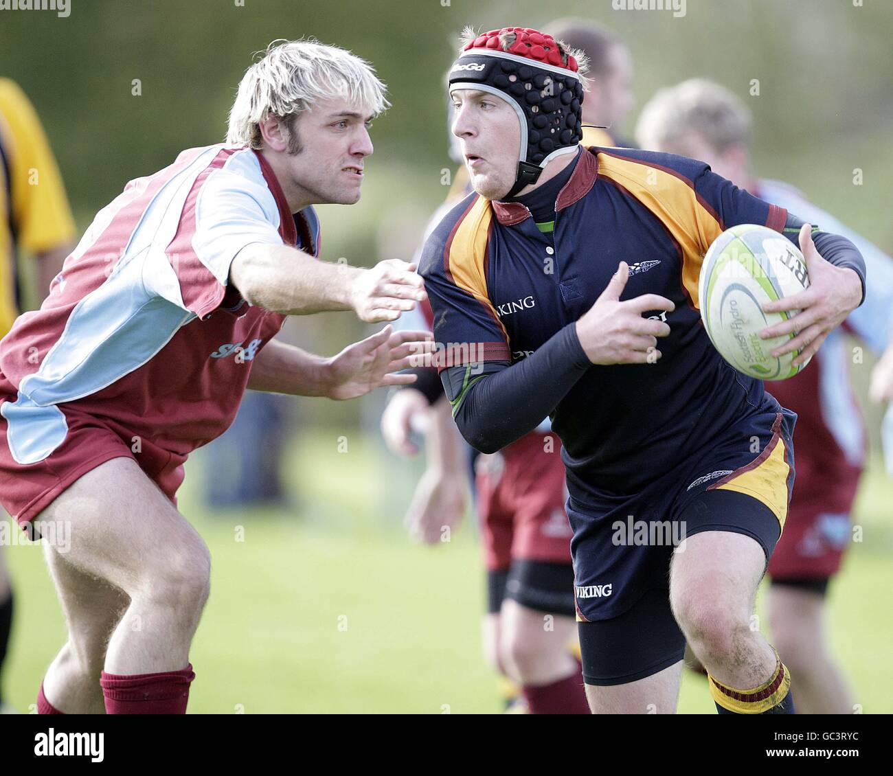 Rugby Union - Scottish Hydro East - St Boswells v Queensferry - St Boswells. St Boswells' Andrew Donaldson (left) tackles Queensferry's Allan Carson Jr in the Scottish Hydro East 2 match at St Boswells, Melrose. Stock Photo