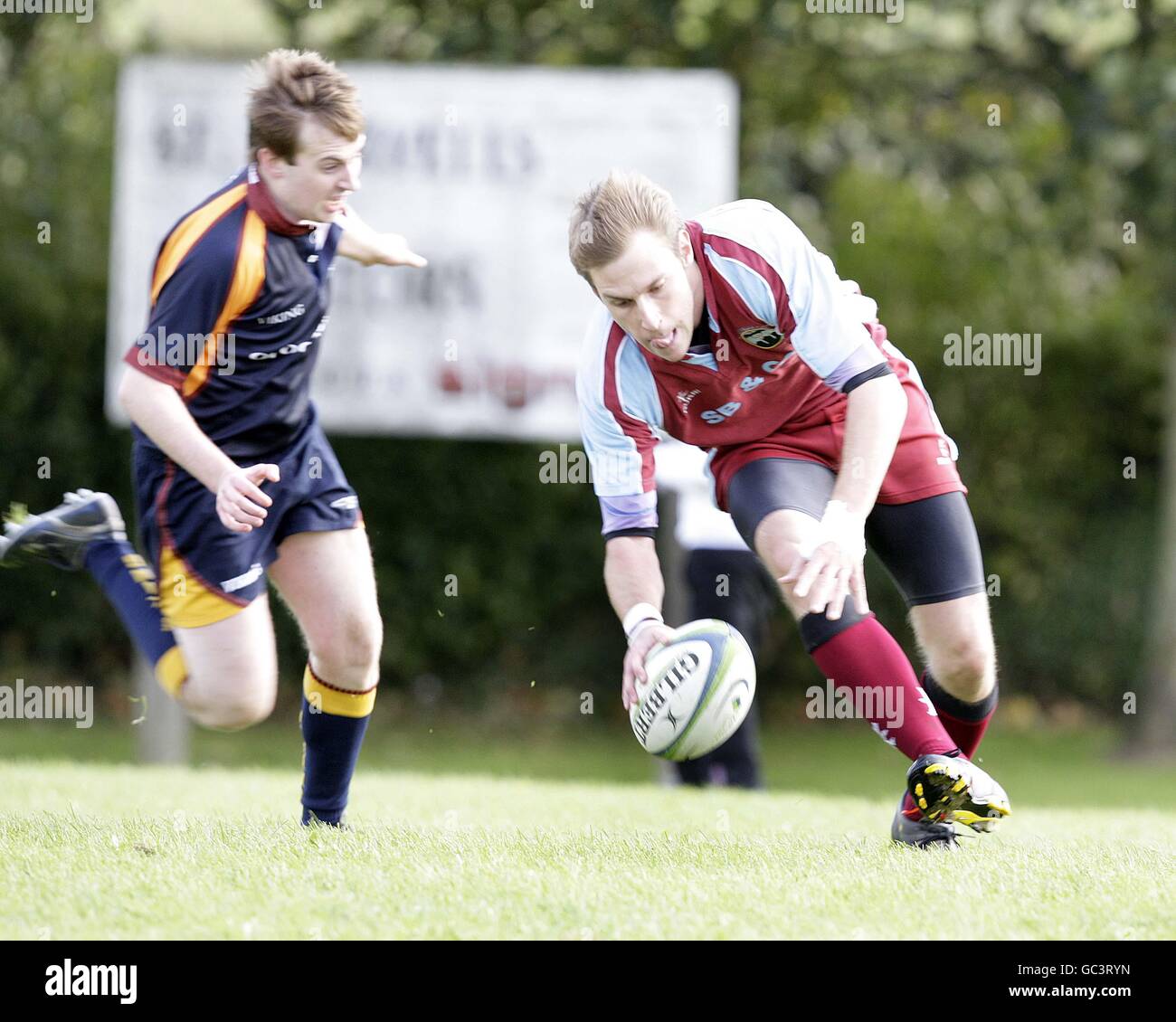 St Boswells' Paul Scott scores a try in the Scottish Hydro East 2 match at St Boswells, Melrose. Stock Photo