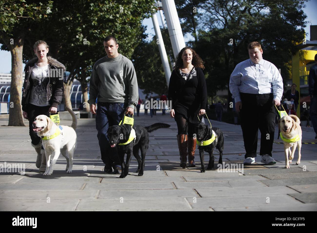 The first four people under sixteen to qualify for a Guide Dog in the UK who were united for the first time on London's Southbank. L-R Kirsty Meinhardt 15 with Websta, Brad Ranson 16 with Lance, Andrea Cooper 18 with Cara and Sidney Tamblin 18 with Jamie. Press Association Photo. Date Sunday 04 October 2009. Over 18,000 blind and partially sighted youngsters are missing out on crucial help with mobility, independence and life skills according to research by Guide Dogs. Picture Credit should read David Parry/ PA Stock Photo