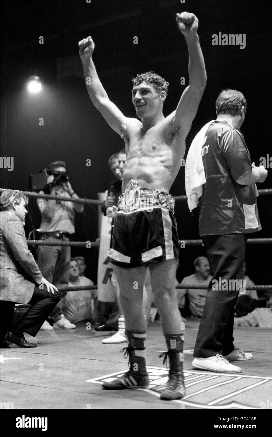 Boxing - European and British Featherweight Title - Paul Hodkinson v Peter Harris - Afan Lido, Port Talbot. Paul Hodkinson celebrating after beating Peter Harris by a technical knockout in the 9th round. Stock Photo