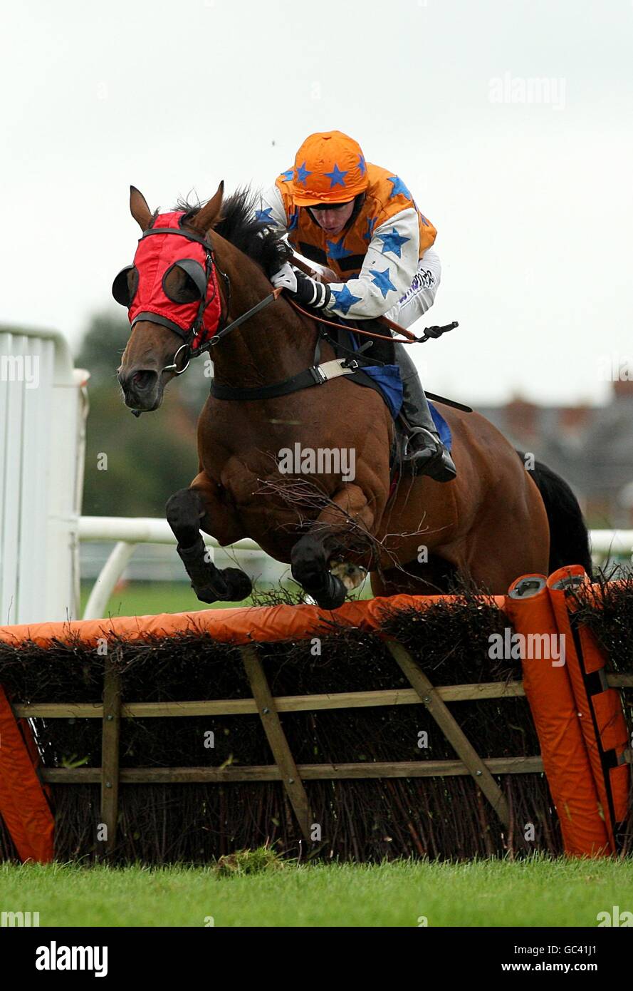 Houri, ridden by Dave Crousse, during the Leukaemia Care Handicap Hurdle Race at Hereford Racecourse Stock Photo