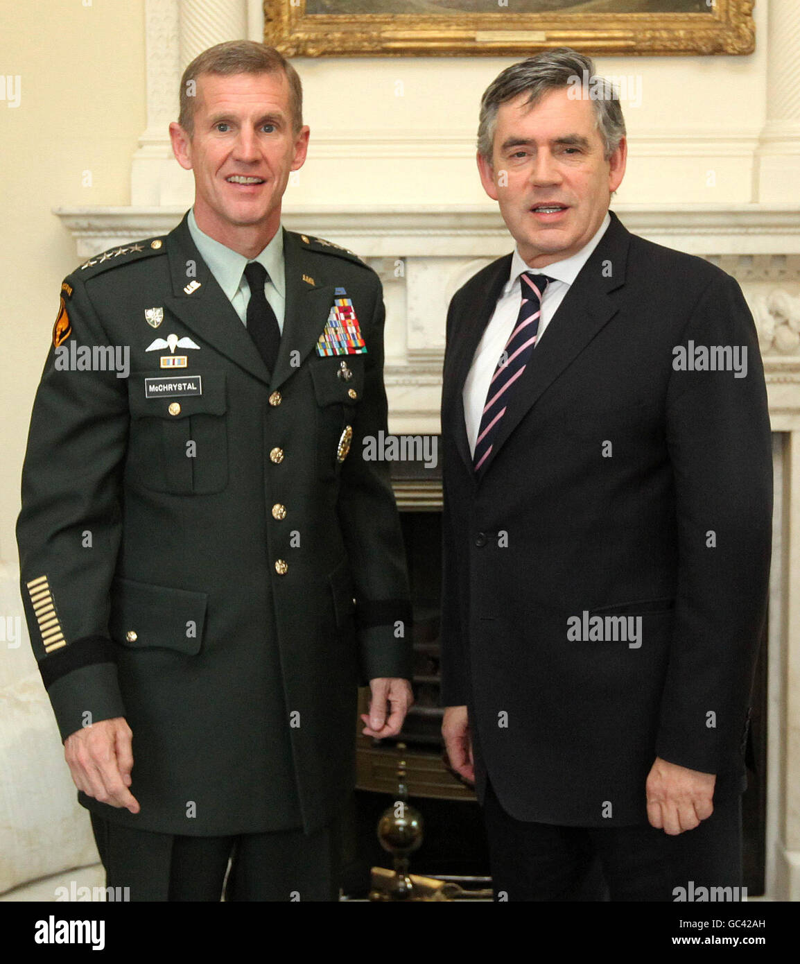 General Stanley McChrystal, Commander of US Forces in Afghanistan, meets British Prime Minister Gordon Brown at 10 Downing Street, in London. Stock Photo