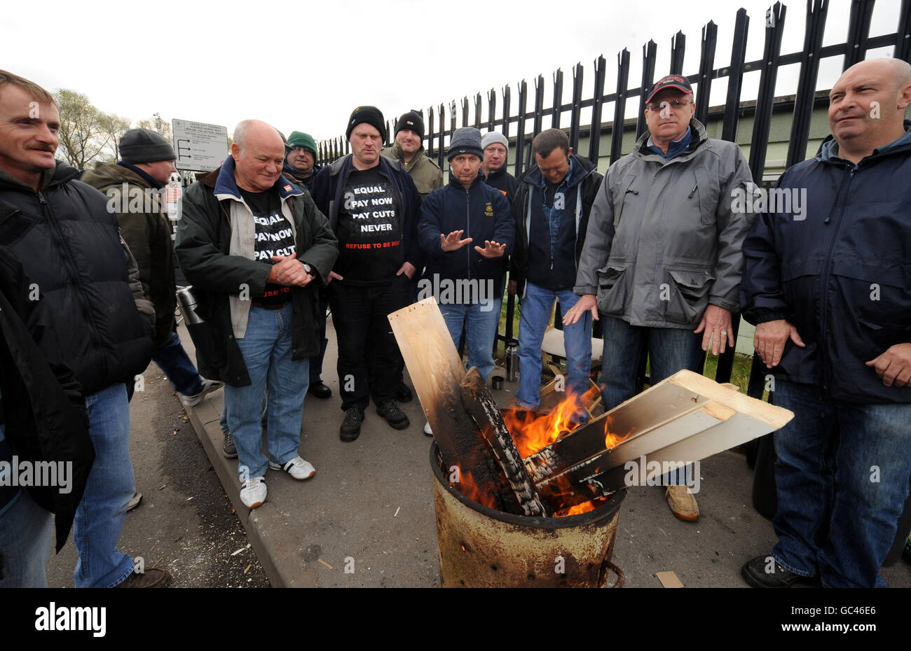 Striking refuse collectors picket their depot in Leeds as the strike which has seen waste pile up in residential streets of the City continue. Stock Photo