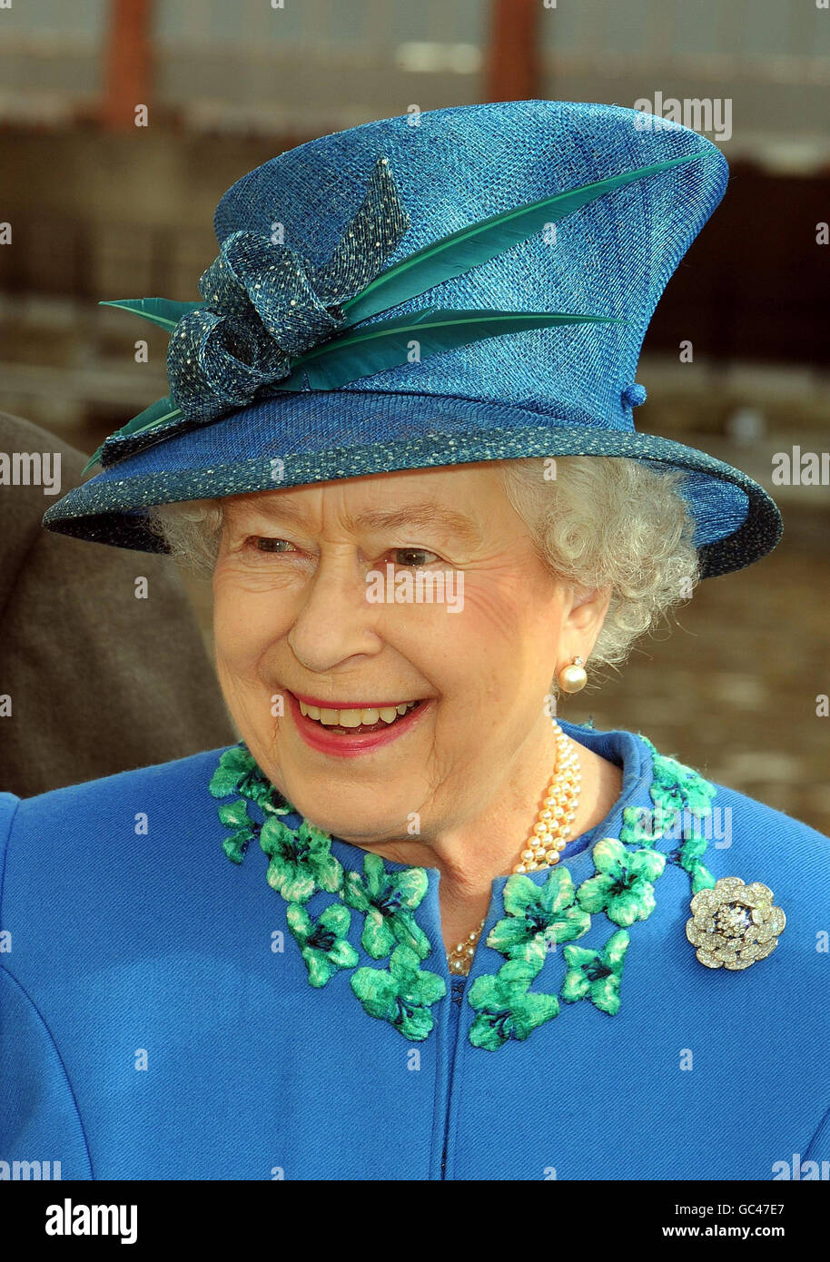 Queen Elizabeth II as she arrives at the Gloucestershire College, on the banks of the River Severn during a visit to the new building. Stock Photo