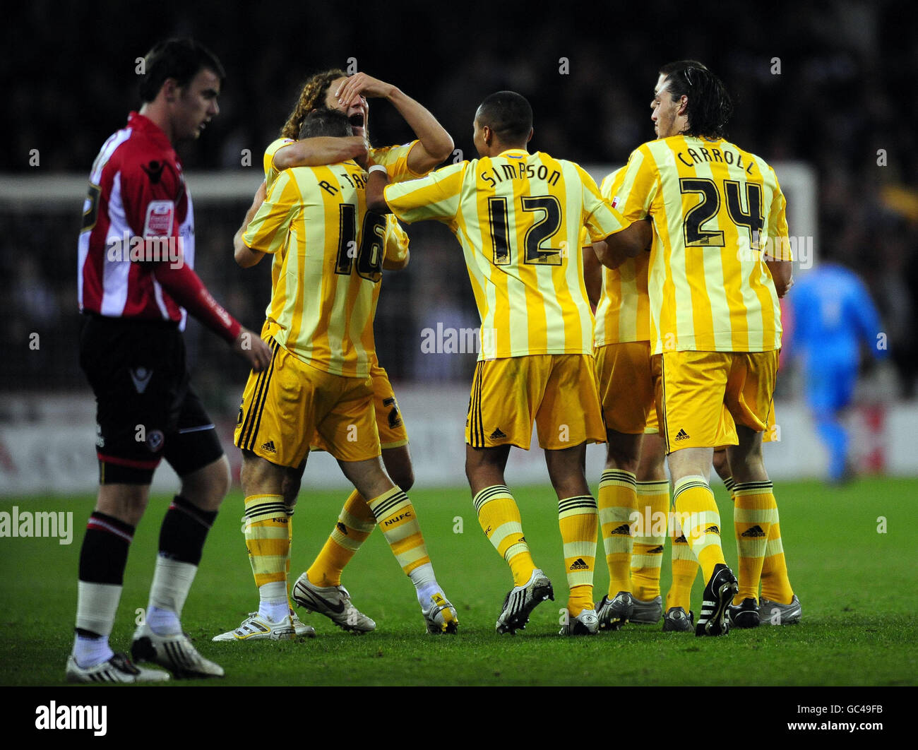 Newcastle United players celebrate an own goal by Sheffield United's Chris Morgan (not pictured) during the Coca-Cola Football League Championship match at Bramall Lane, Sheffield. Stock Photo