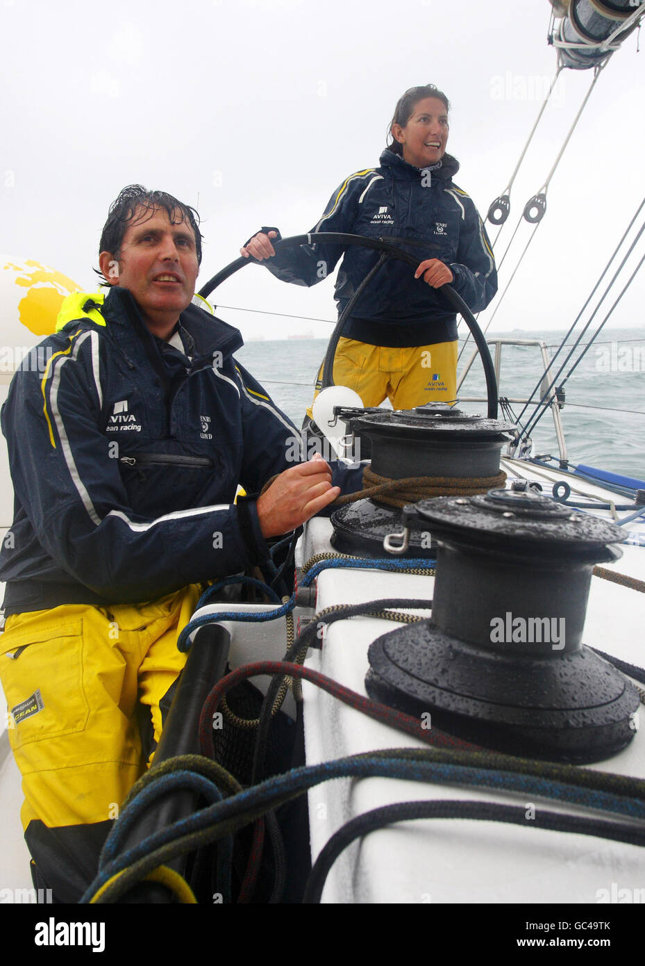 British sailing duo Dee Caffari and Brian Thompson onboard the Open 60 racing yacht Aviva ahead of the start of the ninth edition of the Transat Jacques Vabre race from France to Costa Rica on Sunday November 08. Stock Photo