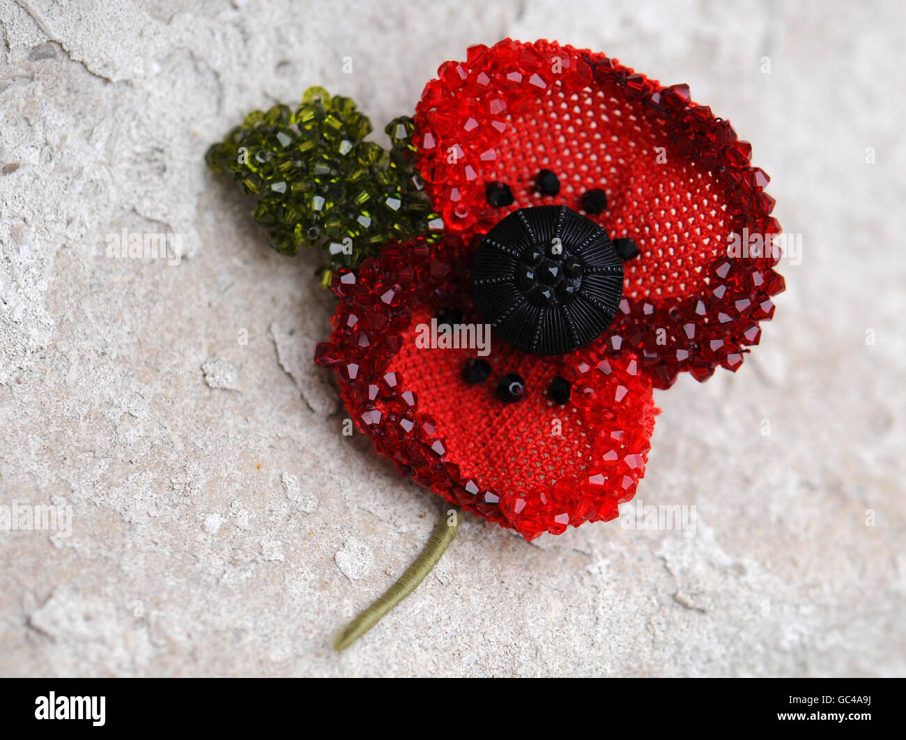 A new limited edition Remembrance Day poppy designed by Kleshna, exclusively to support British troops. Stock Photo