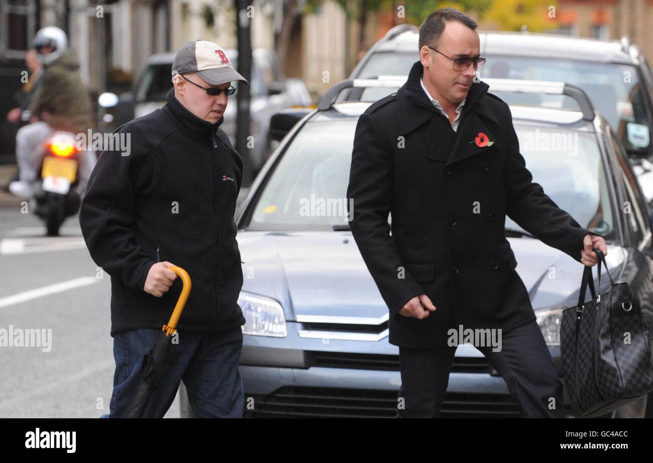 David Furnish (left), with Matt Lucas, arrive at King Edward VII Hospital in Marylebone, central London, where he was visiting his partner Elton John. Stock Photo