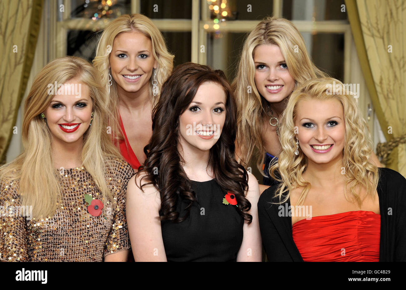 New Miss England Lance Corporal Katrina Hodge (centre) joins (left to right) Miss Scotland Katherine Brown, Miss Wales Lucy Whitehouse, Miss Ireland Laura Patterson and Miss Northern Ireland Cherie Gardiner at the Grosvenor House Hotel on Park lane in London, ahead of the Miss World Final in Johannesburg, South Africa, on December 12. Stock Photo