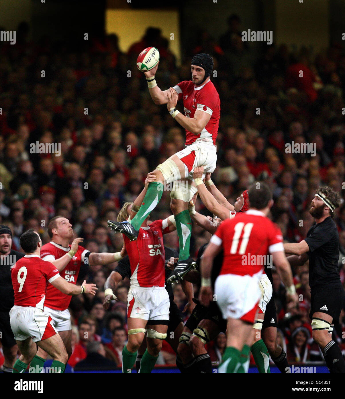 Wales' Luke Charteris (centre) collects a lineout ball against New Zealand during the Invesco Perpetual Series match at the Millennium Stadium, Cardiff. Stock Photo