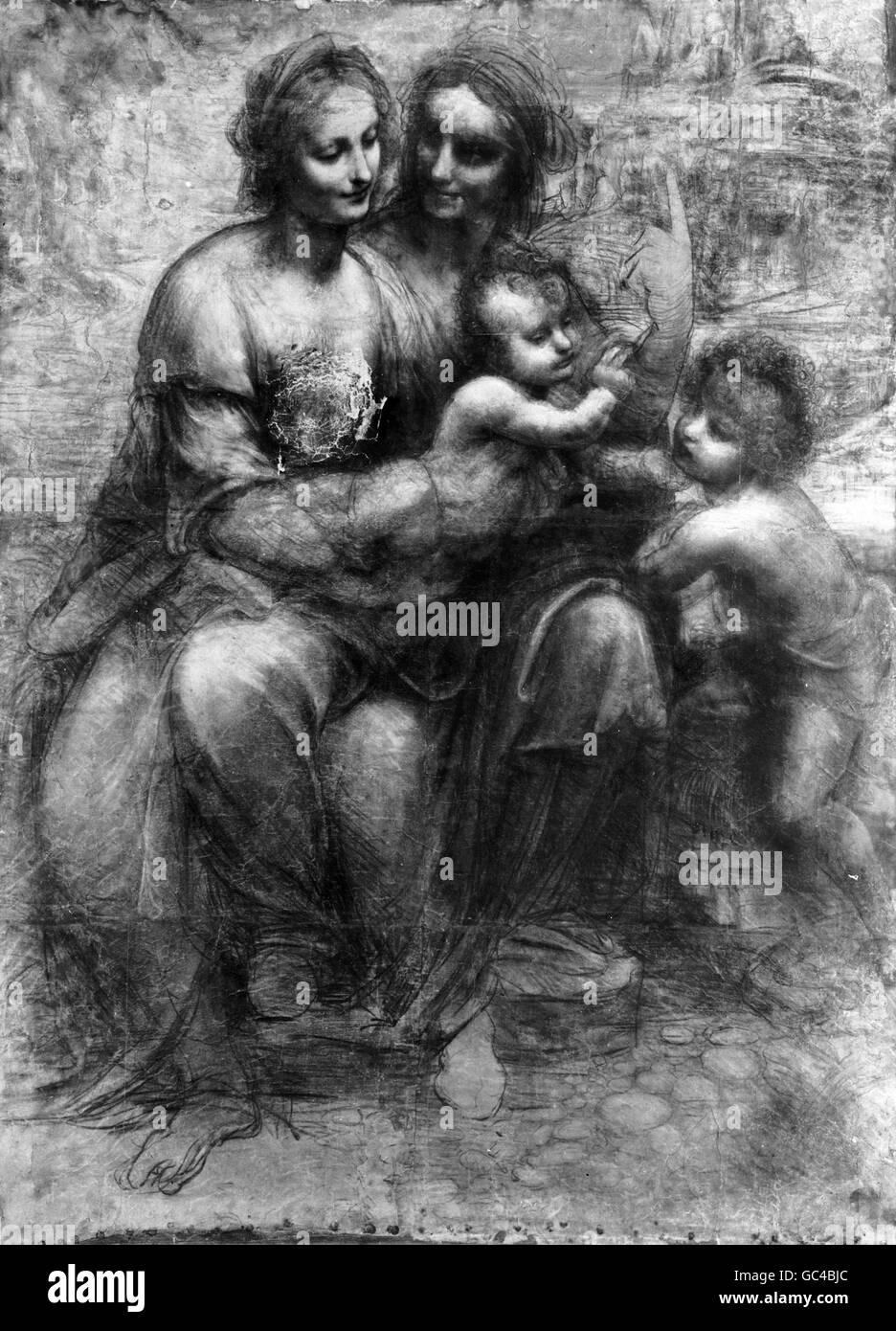 A SECTION OF THE LEONARDO DA VINCI CARTTON, THE VIRGIN & CHILD WITH SAINT ANNE & SAINT JOHN THE BAPTIST SHOWING THE DAMAGE IS SUSTAINED WHEN IT WAS SHOT AT WHILE HANGING IN THE NATIONAL GALLERY. Stock Photo