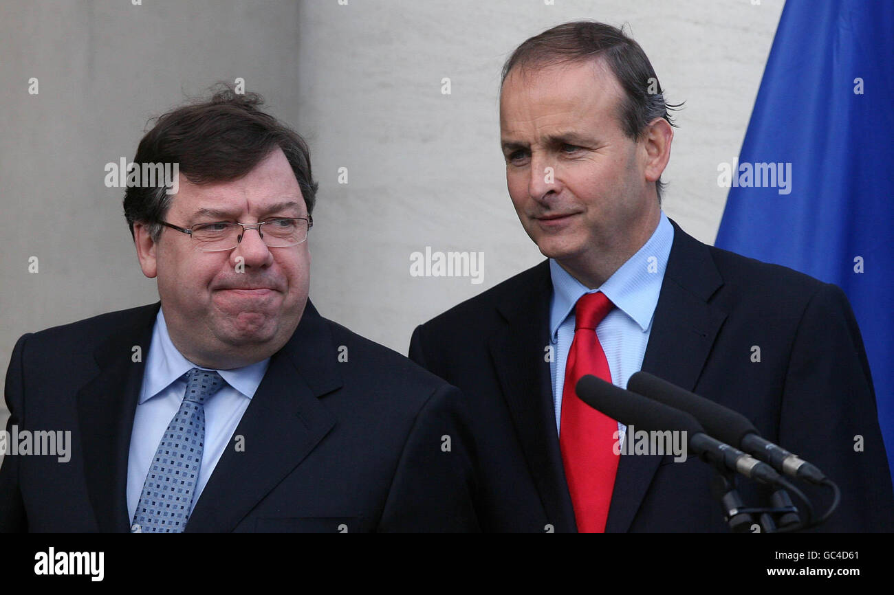 Taoiseach Brian Cowen and Foreign Affairs Minister Micheal Martin speaking to the media after claiming victory in the Lisbon Treaty referendum at Government Buildings in Dublin Stock Photo