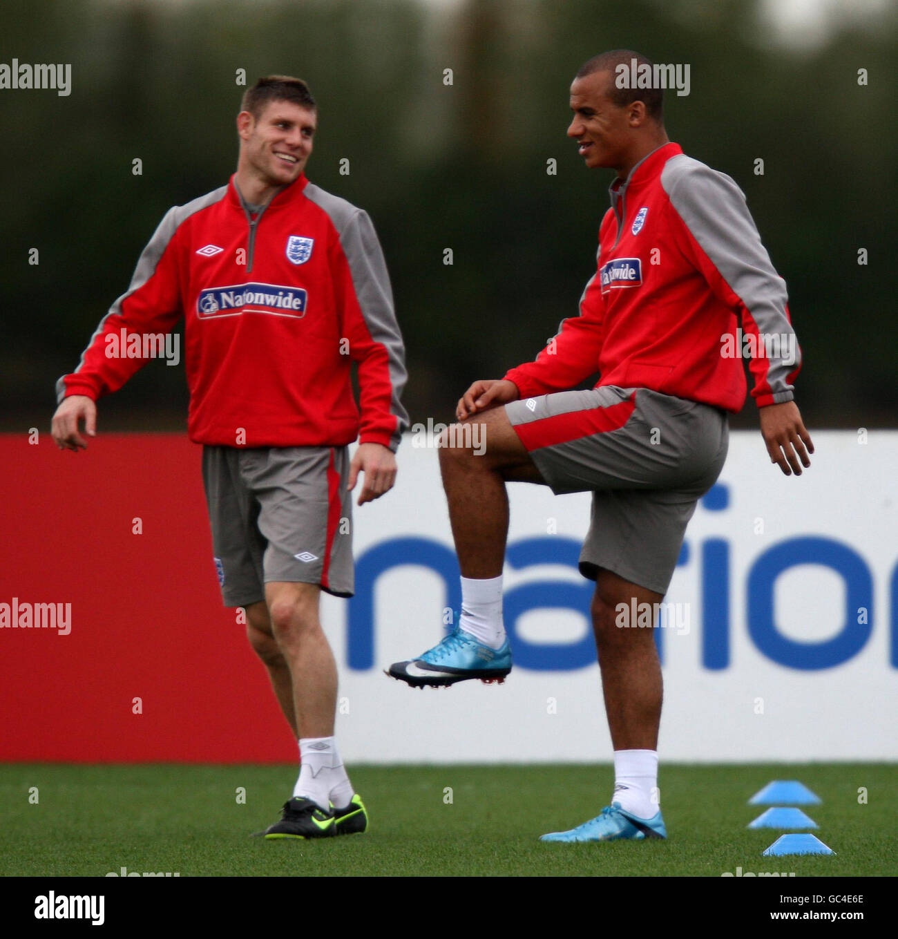 England's James Milner (left) and Gabriel Agbonlahor during a training session at London Colney, Hertfordshire. Stock Photo