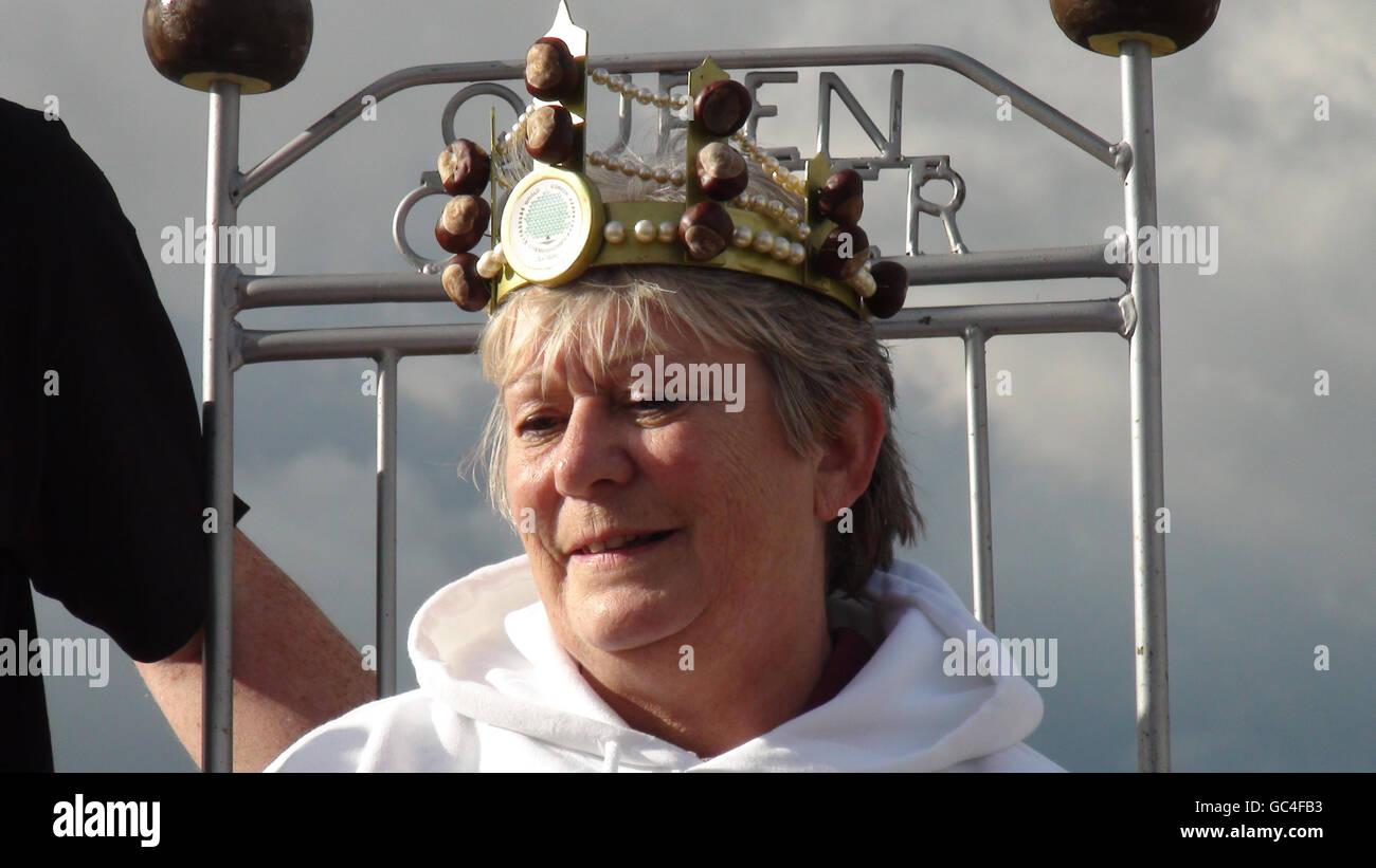 Sue Howes, 58, from Northampton after she was crowned Women's World Conker Champion during the World Conker Championships, at Ashton, Northamptonshire. Stock Photo