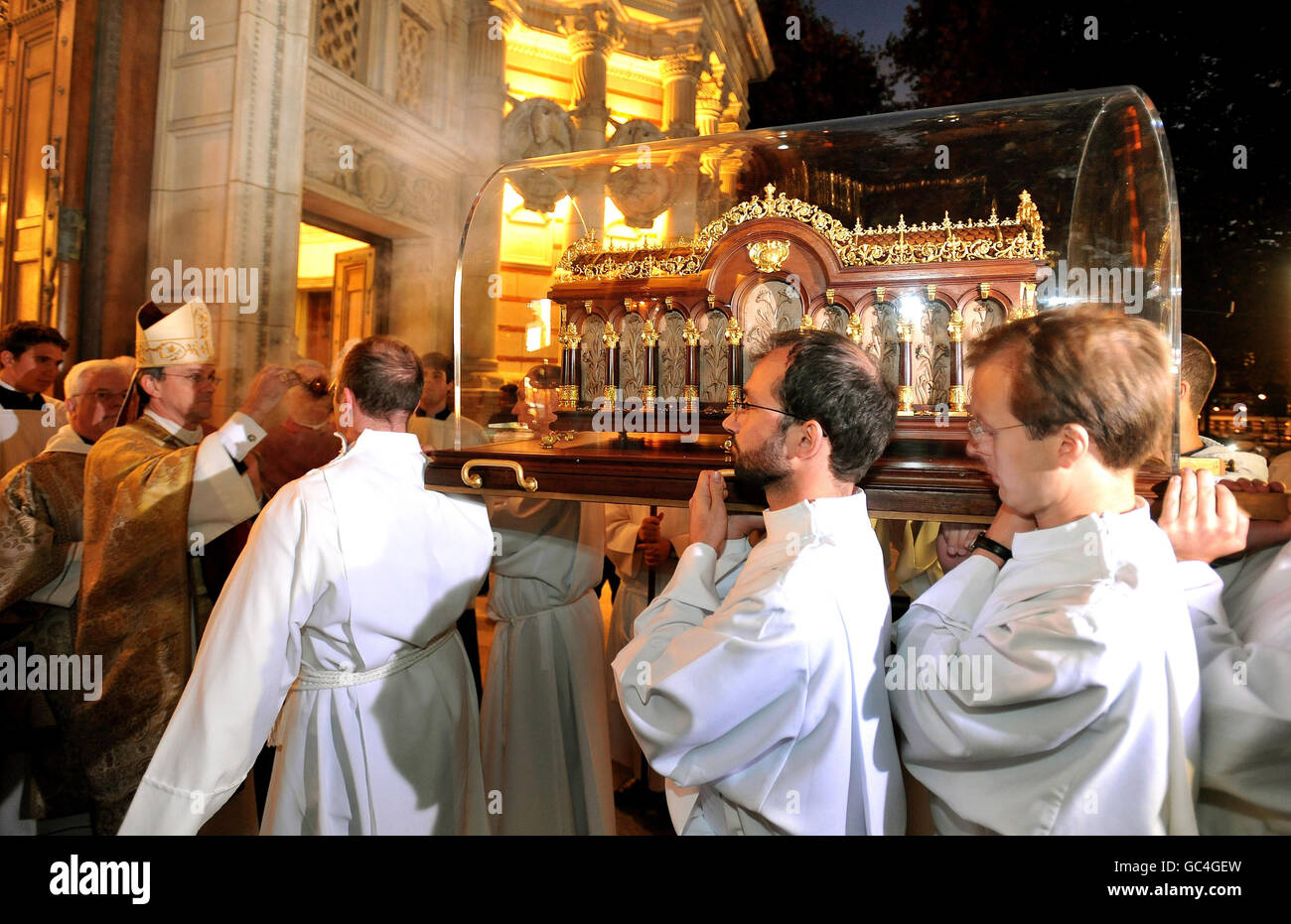 The relics of St Therese of Lisieux are blessed at the front entrance ...
