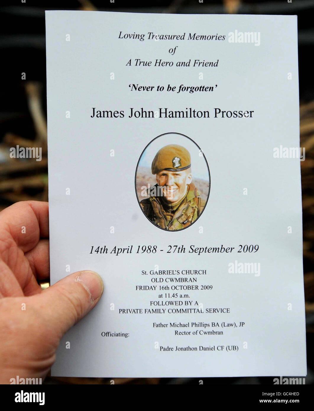 The order of service for the funeral of Private James Prosser 21, from