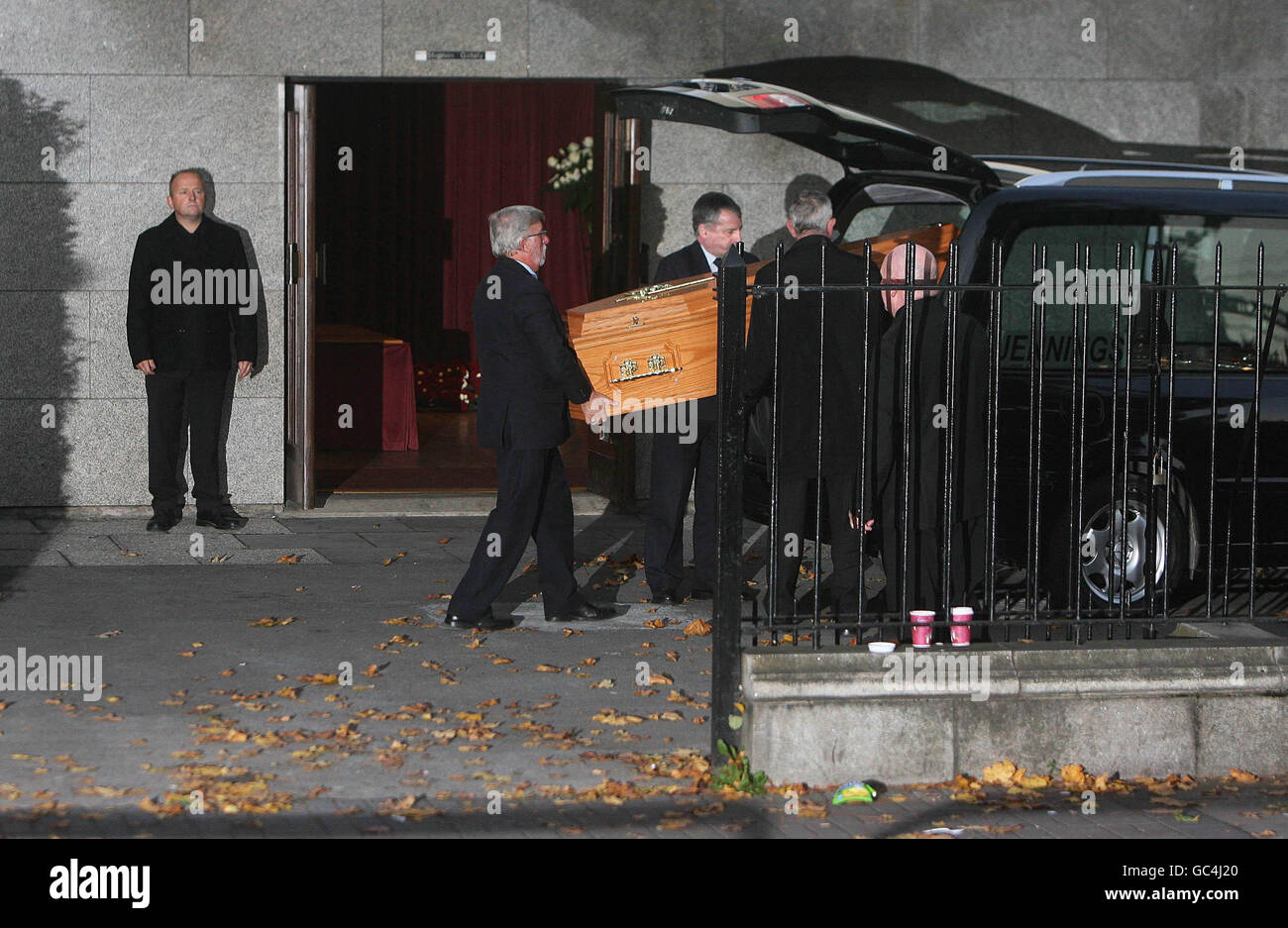 The coffin of Stephen Gatley arrives at the Jennings Funeral Directors in the Seville Place area ahead of a private prayer vigil in St Laurence O'Toole's Church tonight. Stock Photo
