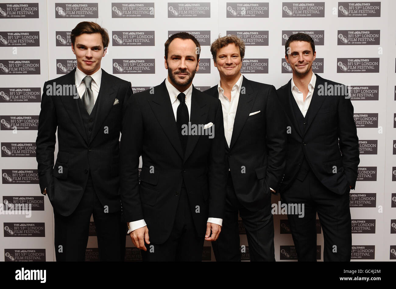left to right) Nicholas Hoult, Tom Ford, Colin Firth and Matthew Goode at  the premiere of the new film A Single Man, at the Vue Cinema in central  London, part of the