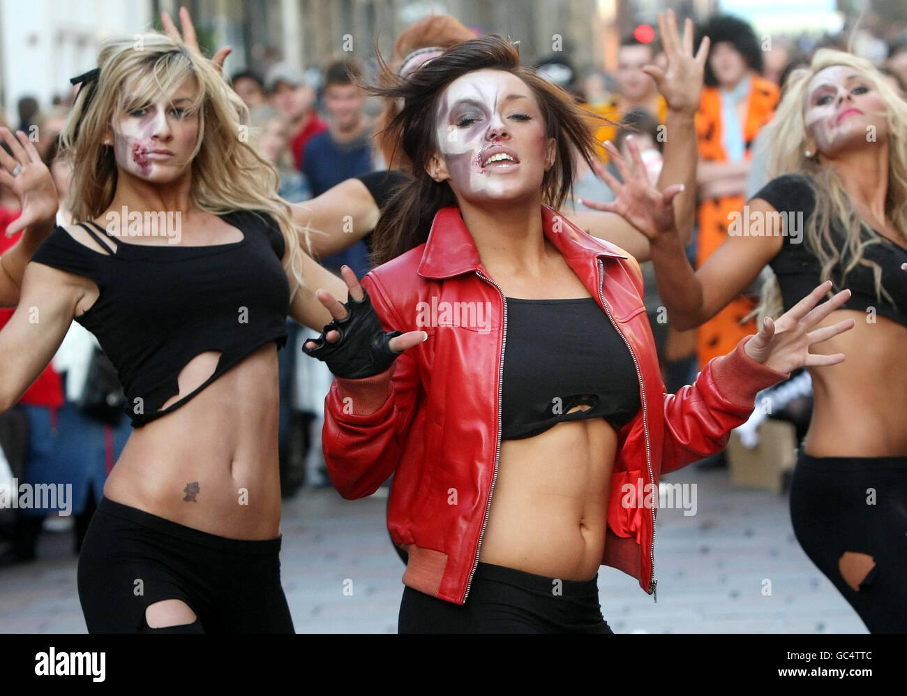 Gemma McKee leads the Scottish Rockettes in a recreation of Michael Jackson's Thriller music video on Buchanan Street in Glasgow, to promote a Halloween themed night at the Karibu Klub. Stock Photo
