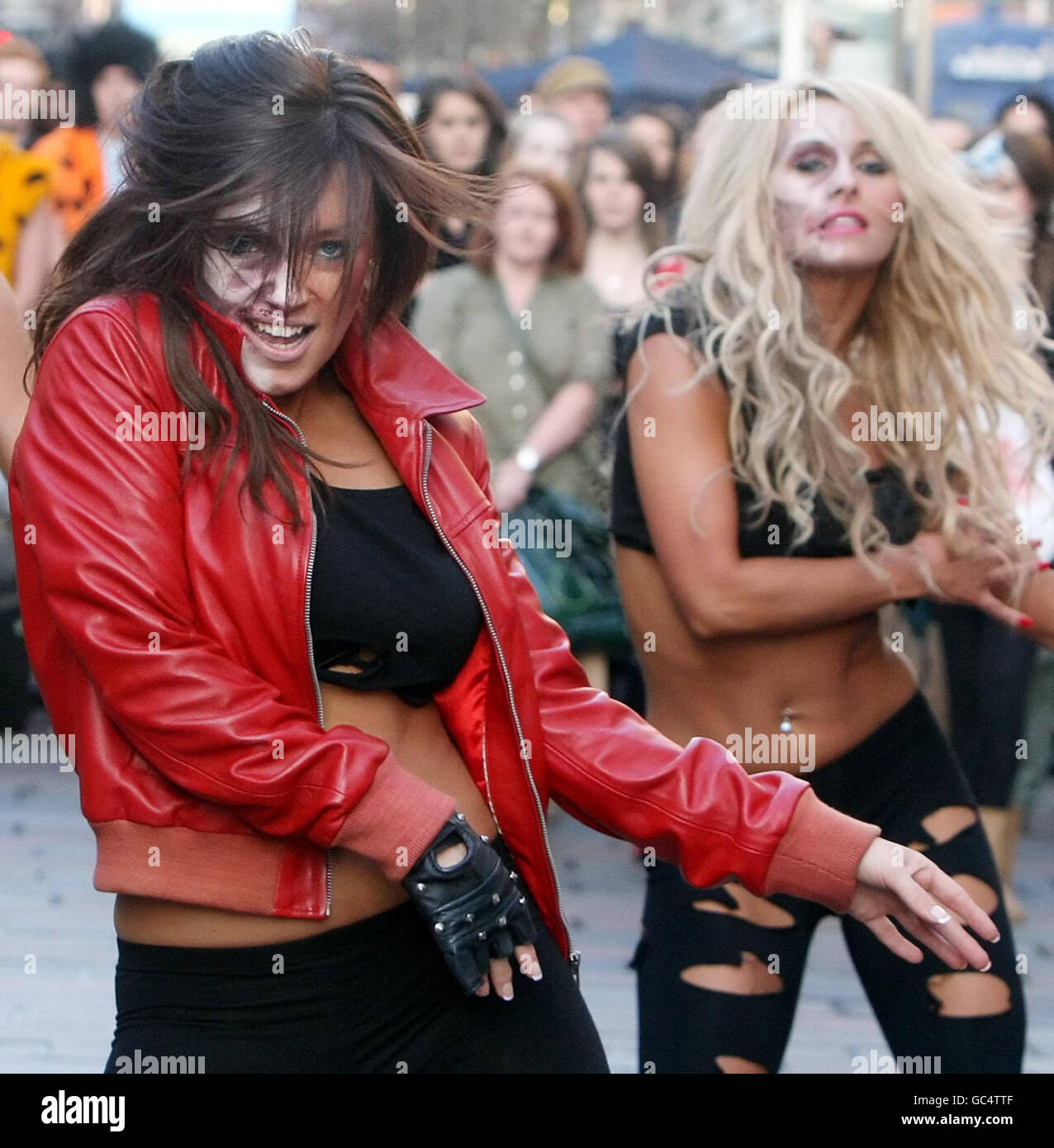 Gemma McKee leads the Scottish Rockettes in a recreation of Michael Jackson's Thriller music video on Buchanan Street in Glasgow, to promote a Halloween themed night at the Karibu Klub. Stock Photo